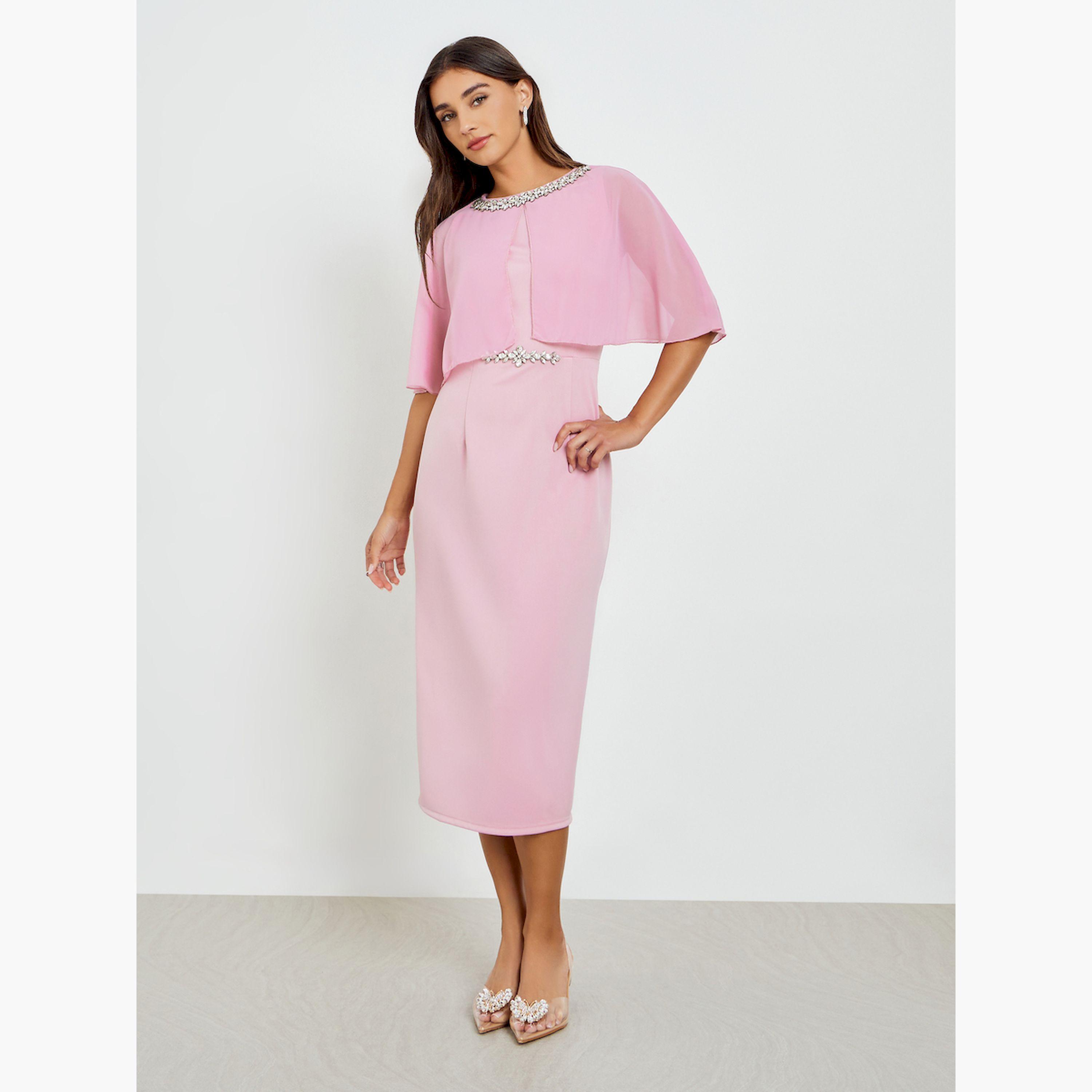 Styli Women Embellished Cape Sleeve Sheath Midi Dress-women-clothing-dresses-image-3