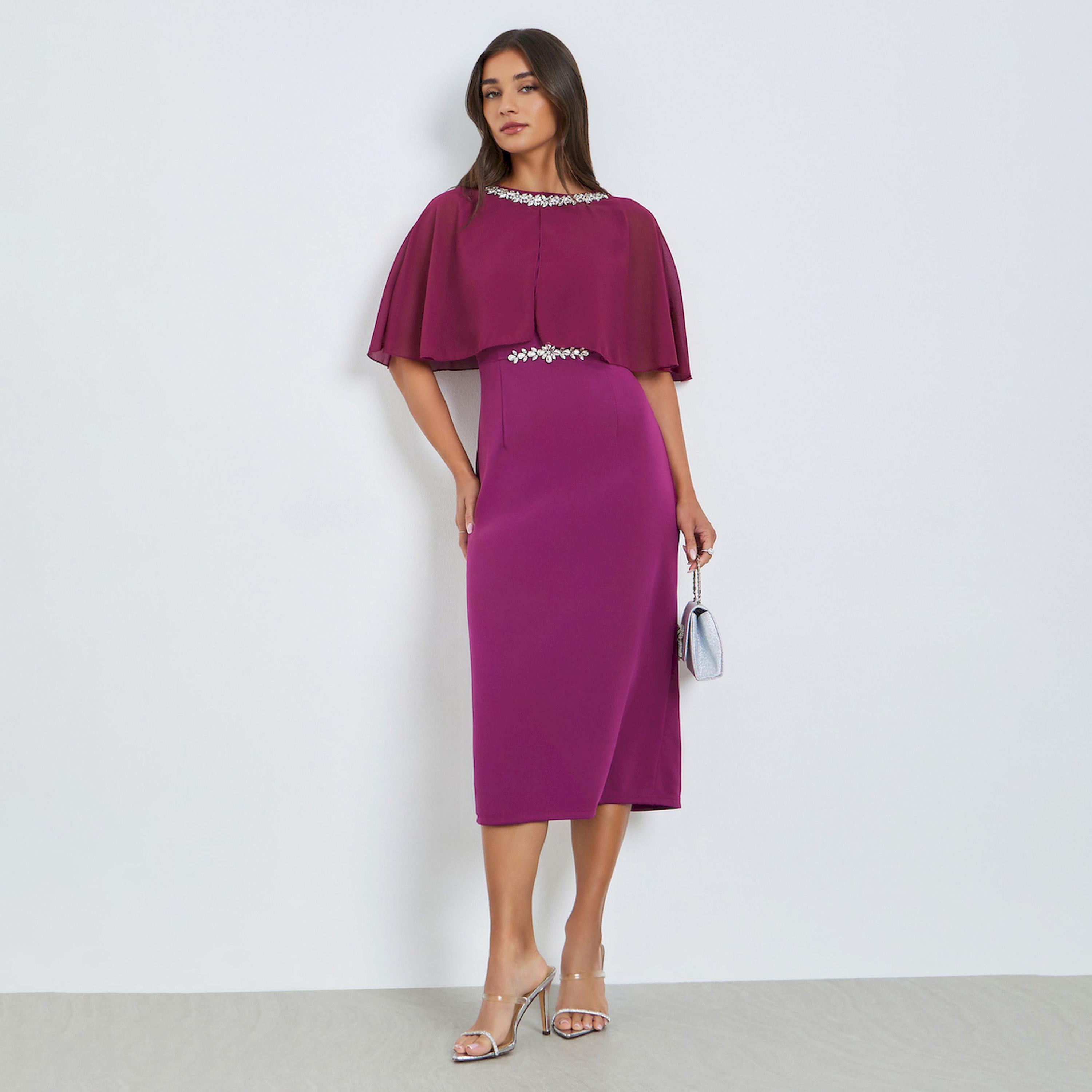 فستان ميدي شيث بأكمام كيب-women-clothing-dresses-image-1