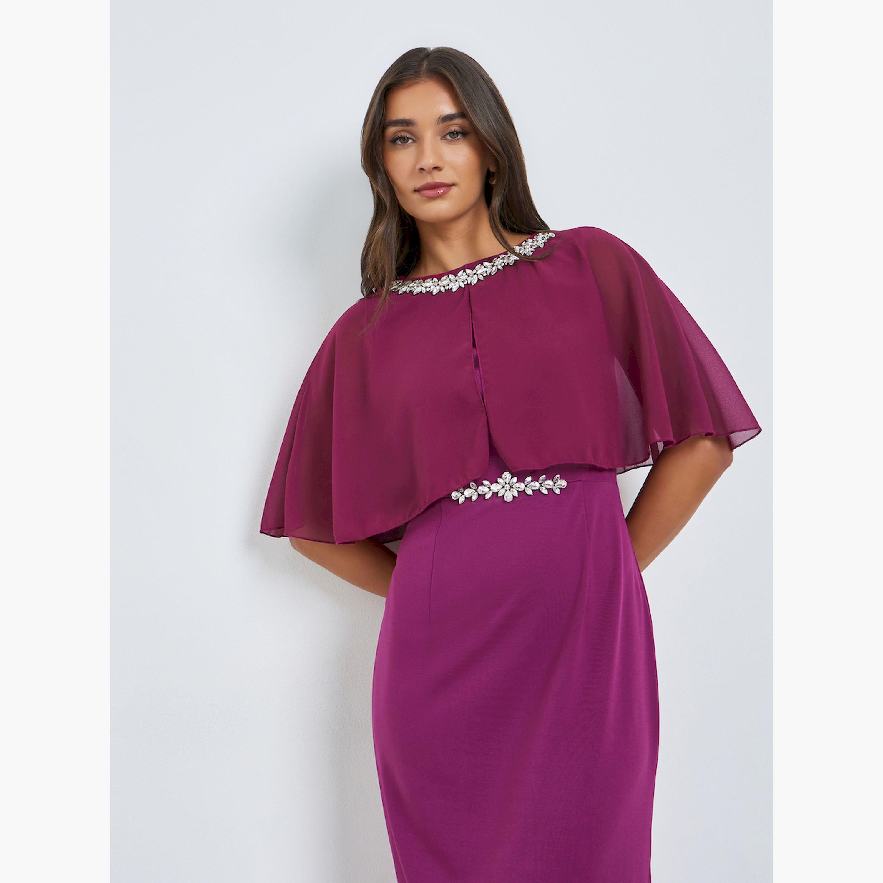 فستان ميدي شيث بأكمام كيب-women-clothing-dresses-image-2