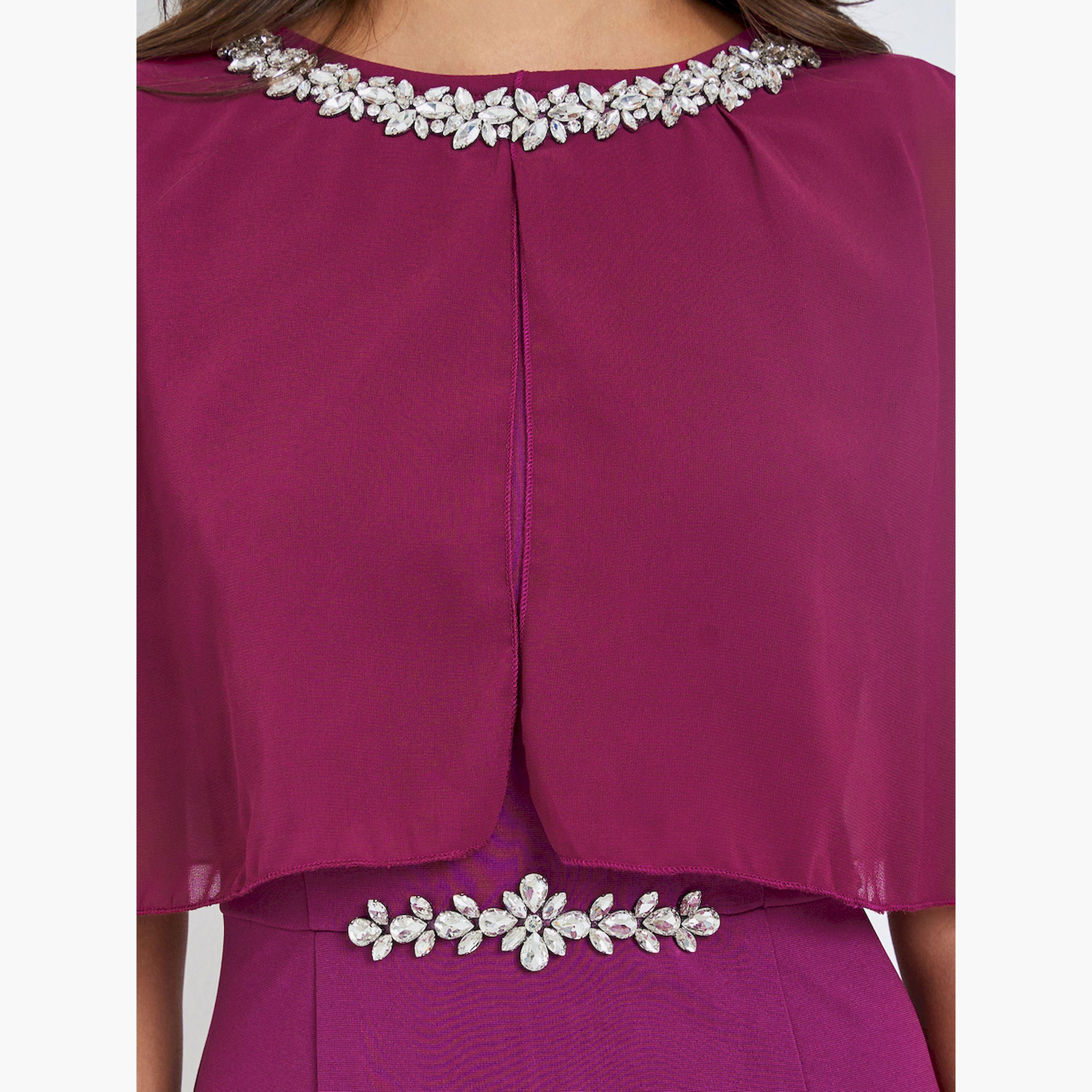 فستان ميدي شيث بأكمام كيب-women-clothing-dresses-image-5