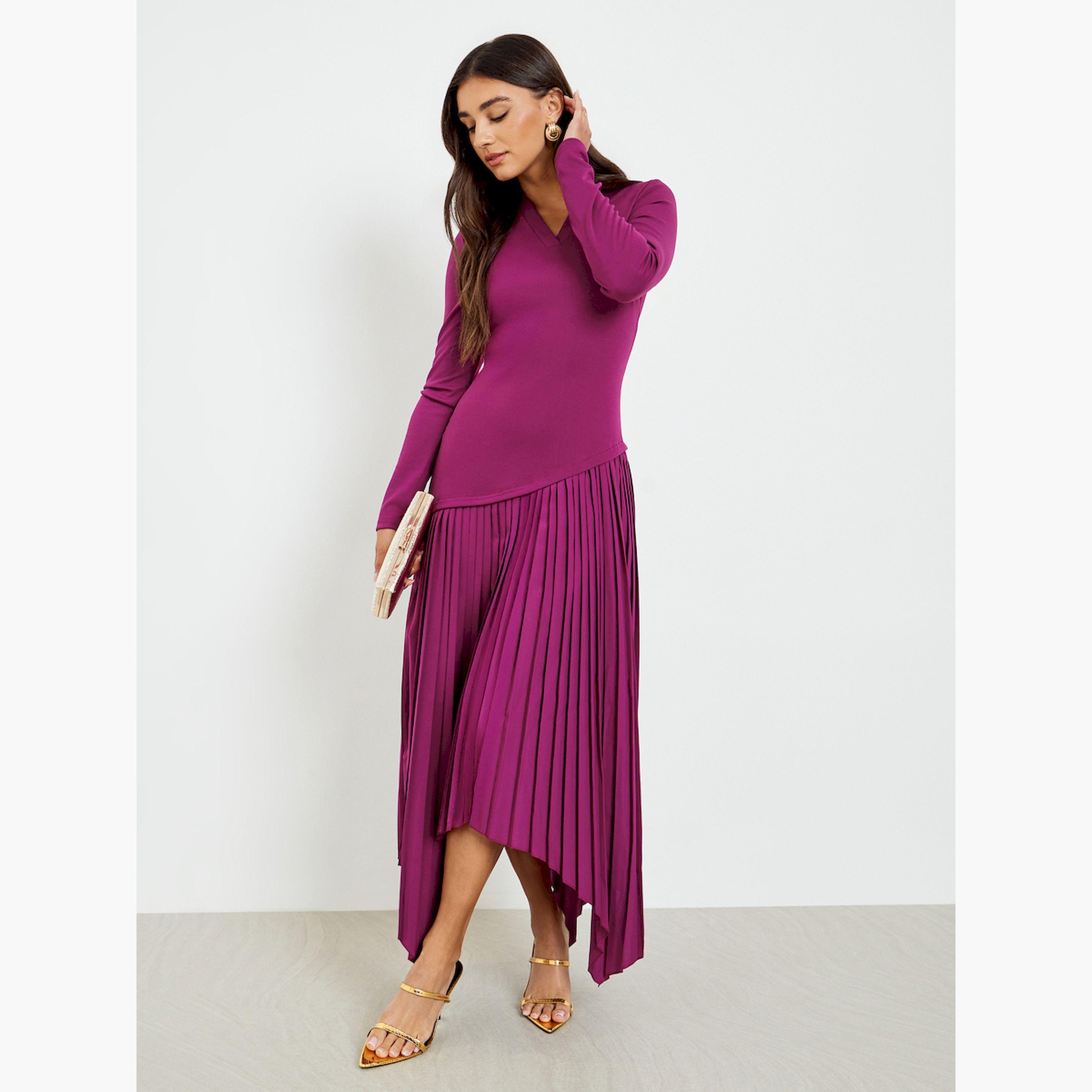 فستان طويل بكسرات وحافة غير متماثلة-women-clothing-dresses-image-2