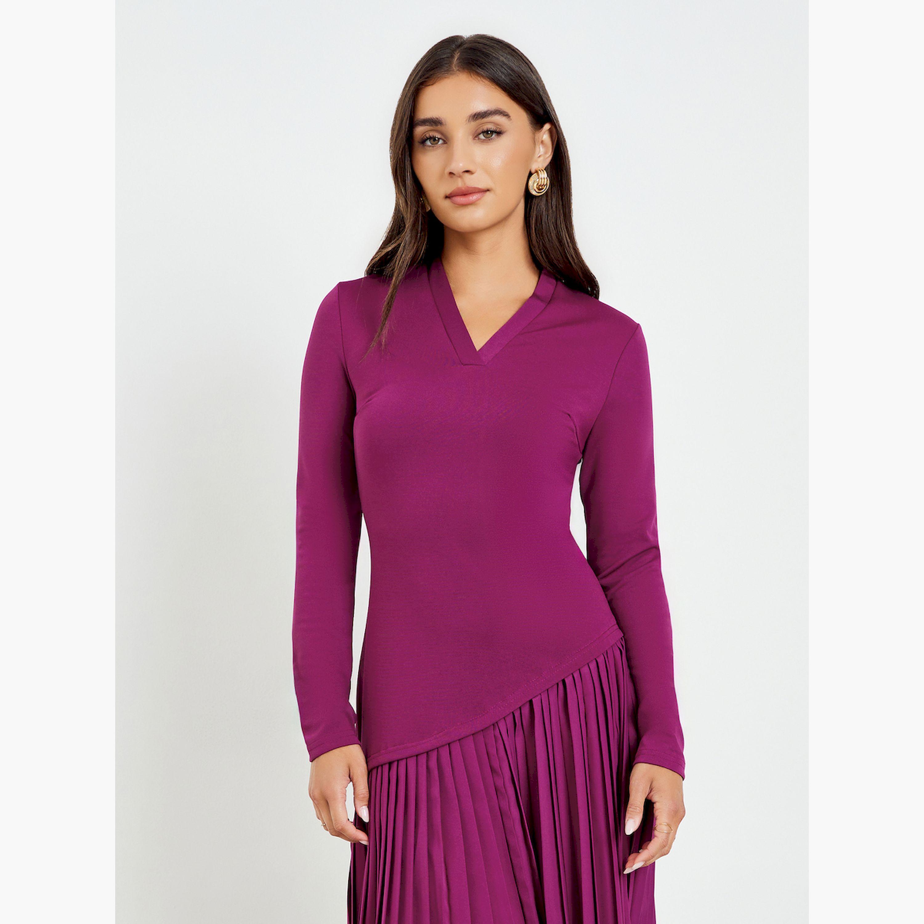 Styli Burgundy Pleated Asymmetric Hem Maxi Dress-women-clothing-dresses-image-3