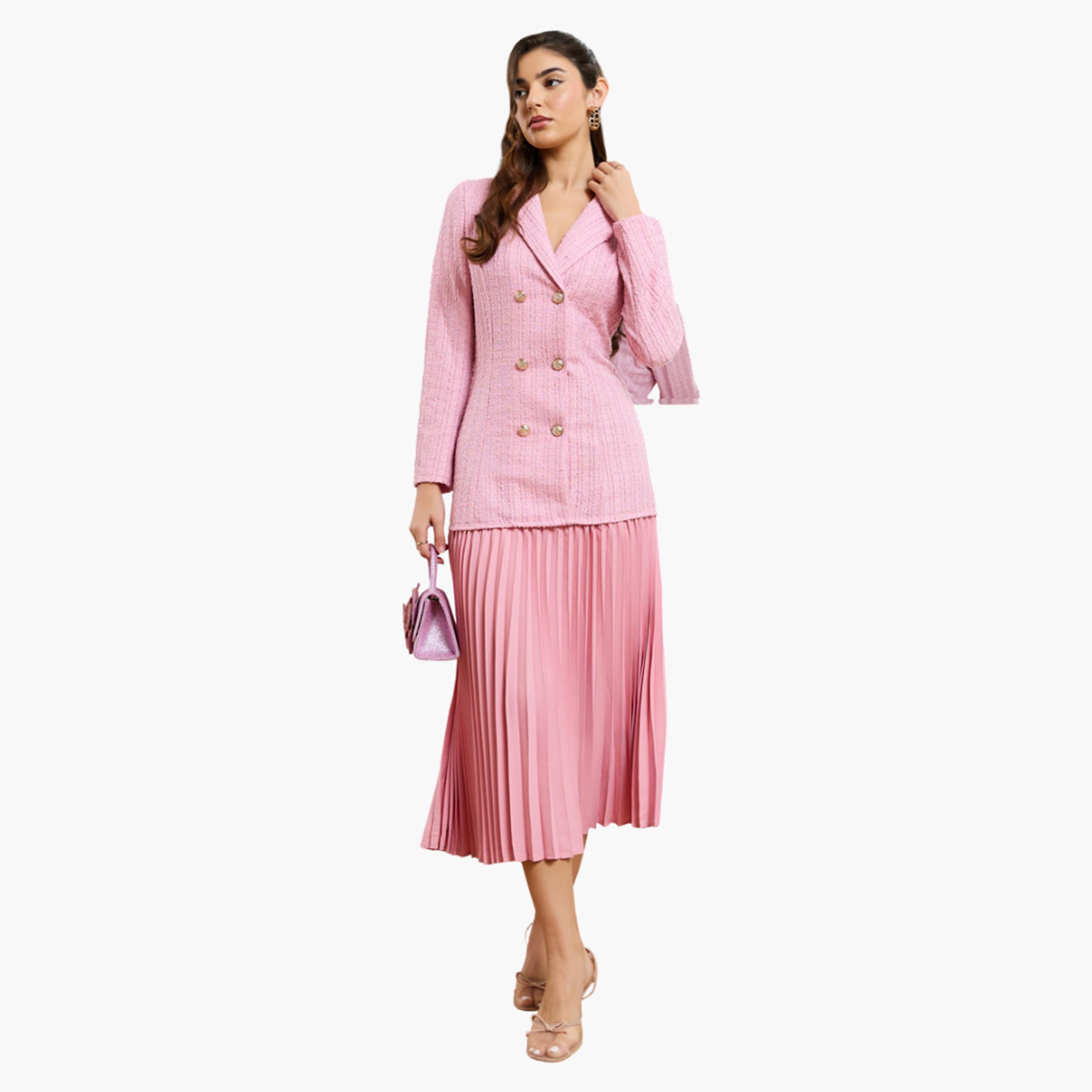 Styli Women Pink Tweed Pleated Blazer Midi Dress-women-clothing-dresses-image-1