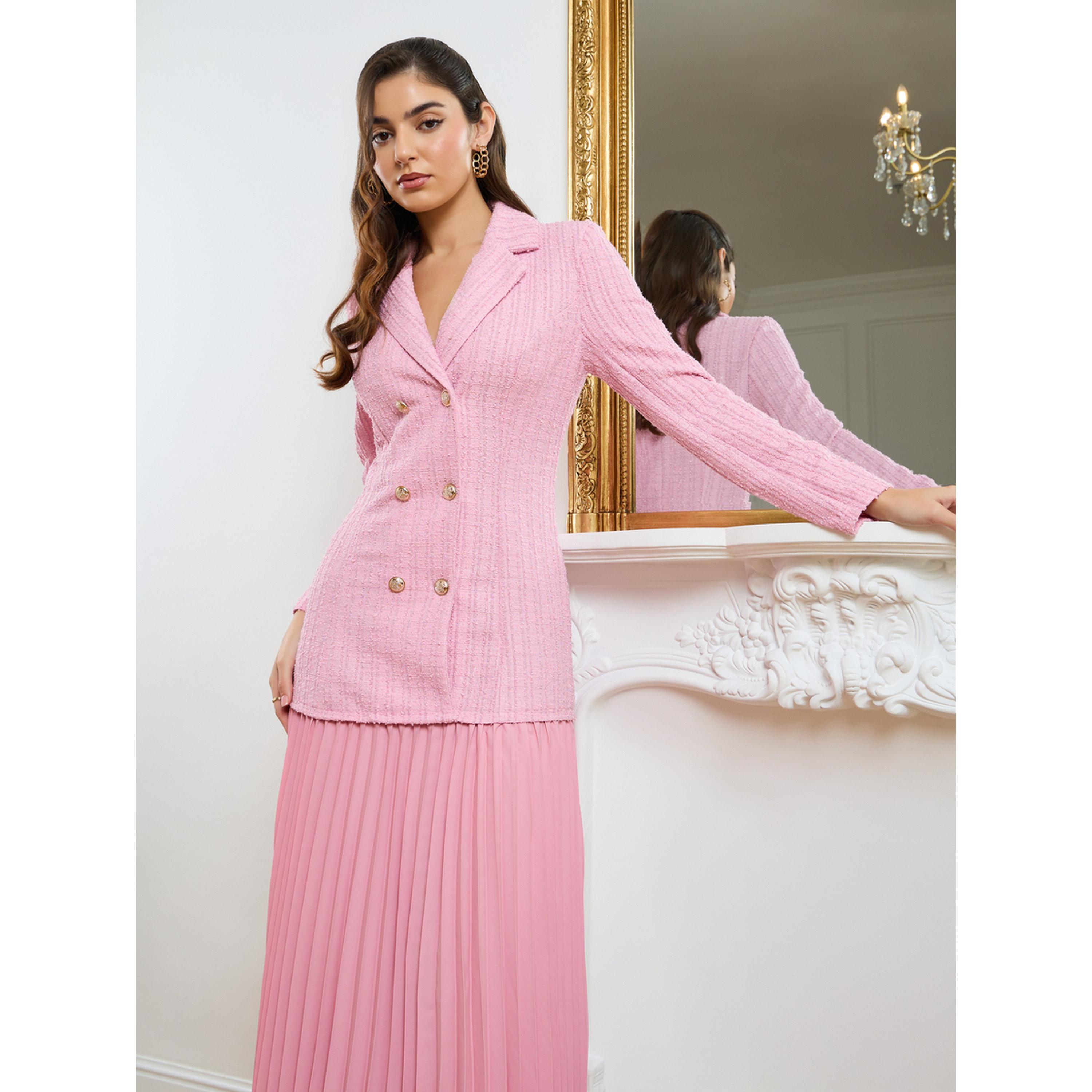 Styli Women Pink Tweed Pleated Blazer Midi Dress-women-clothing-dresses-image-2
