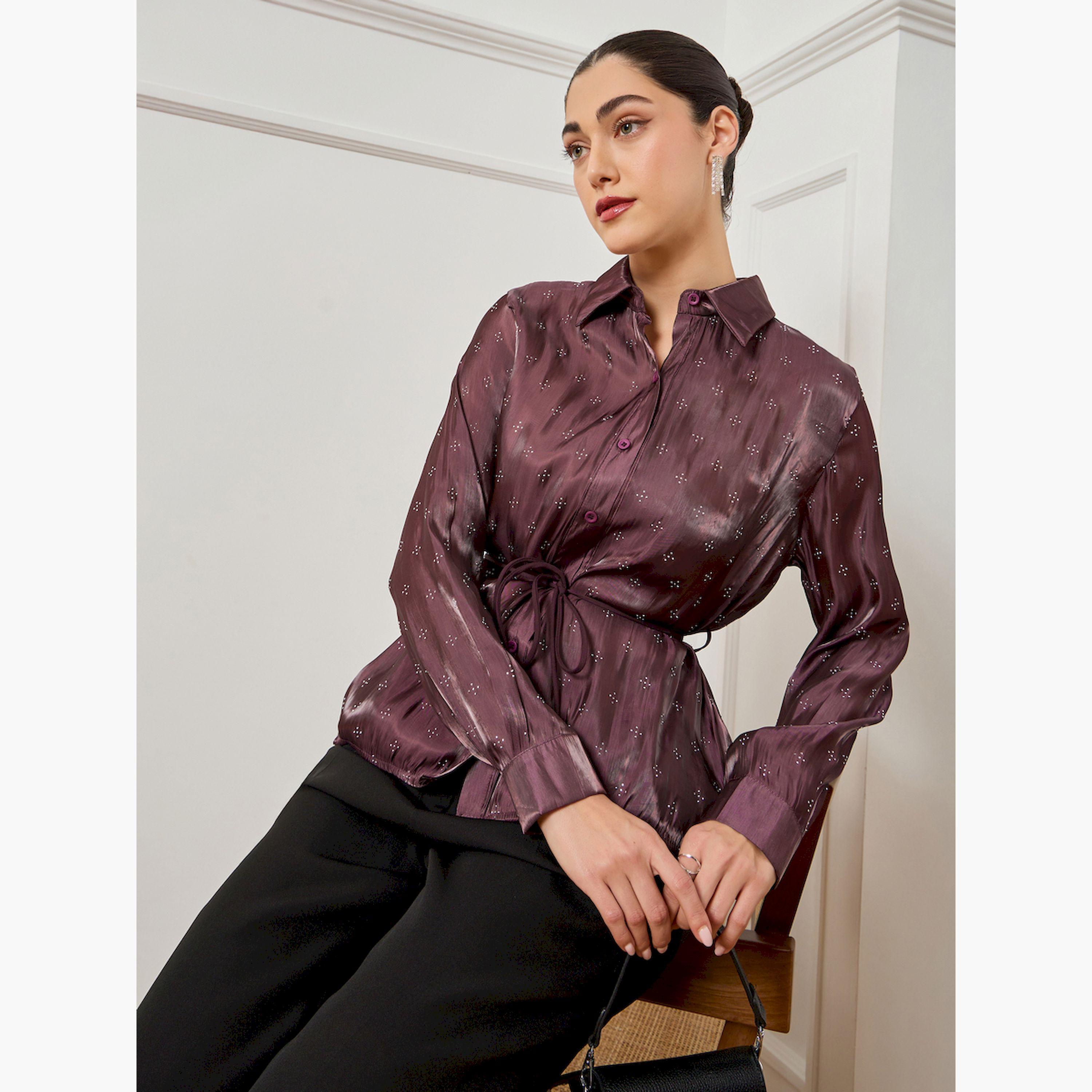 Styli Burgundy Waist-Tie Embellished Shirt-women-clothing-shirtsandblouses-blouses-image-3