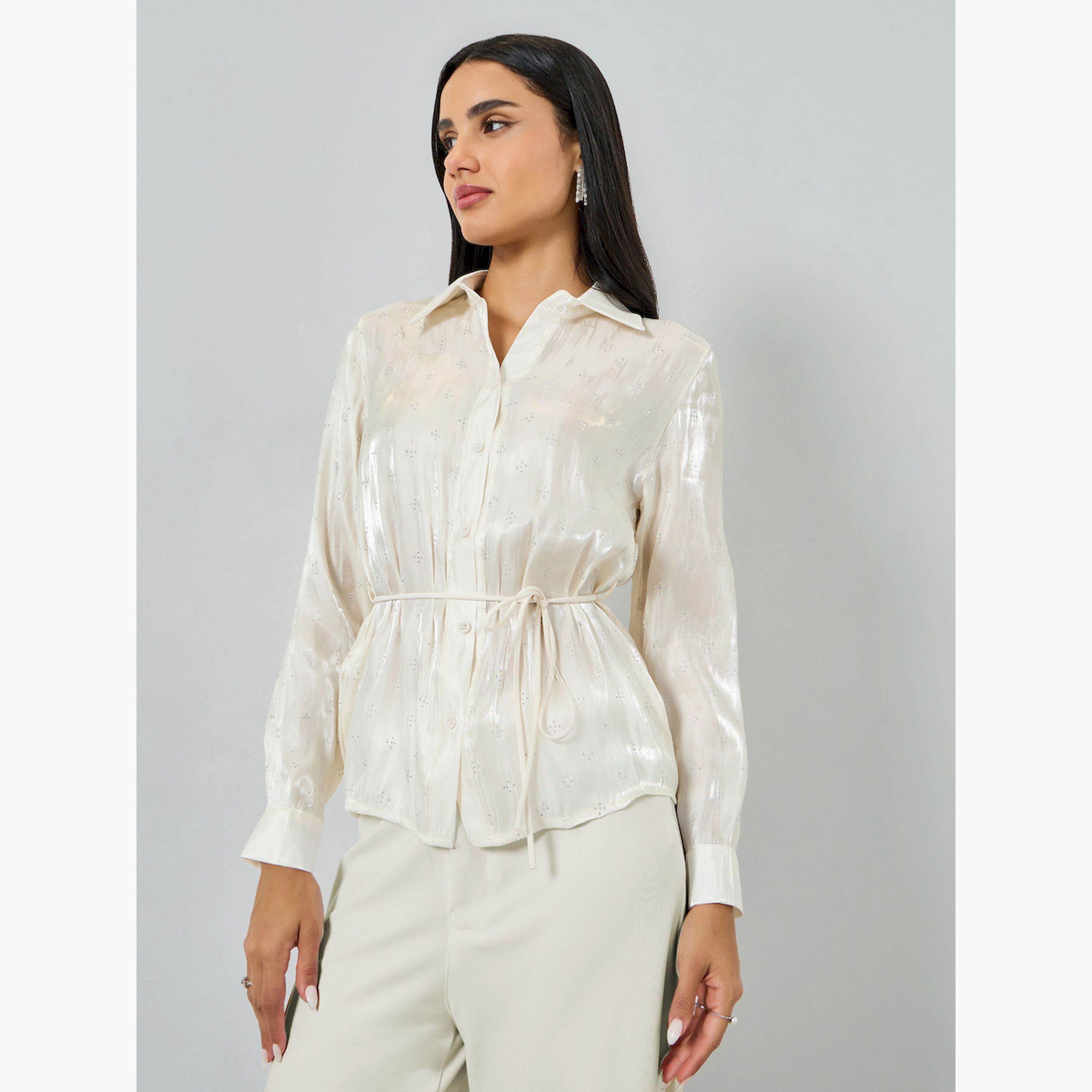 قميص سكري مزين برباط خصر-women-clothing-shirtsandblouses-blouses-image-1