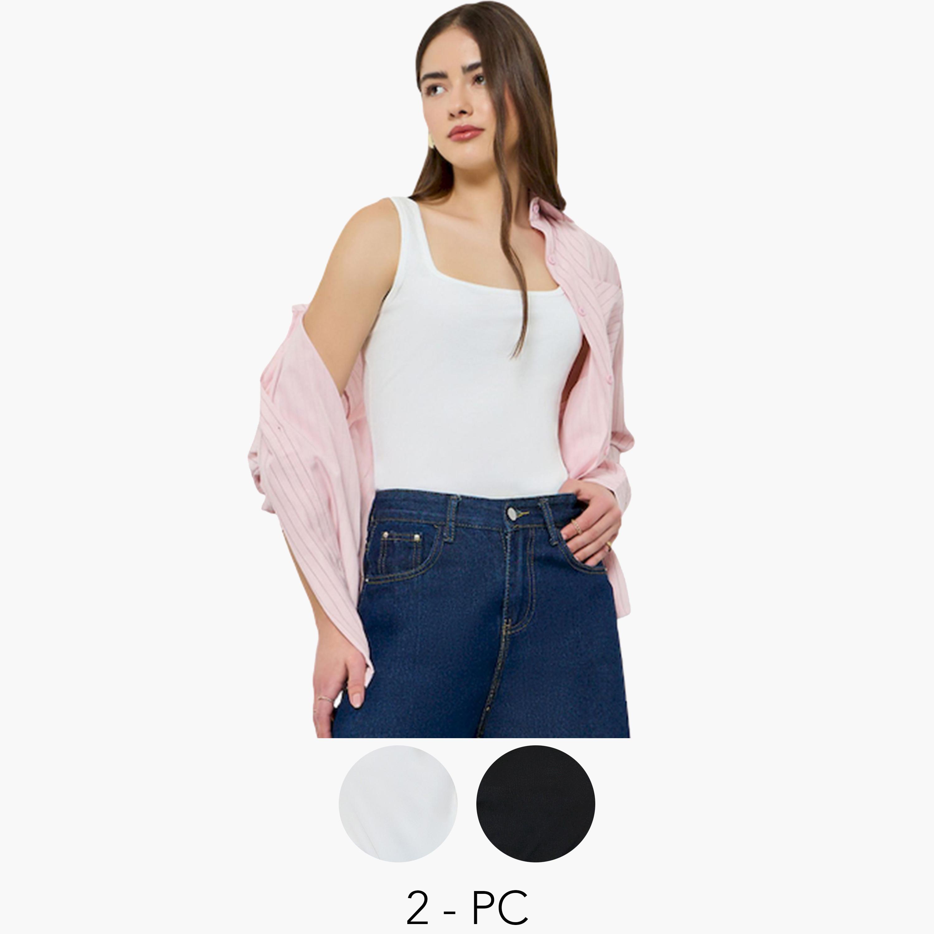 عبوة من قطعتين بلوزة محبوكة بياقة مربعة-women-clothing-tshirts-image-1