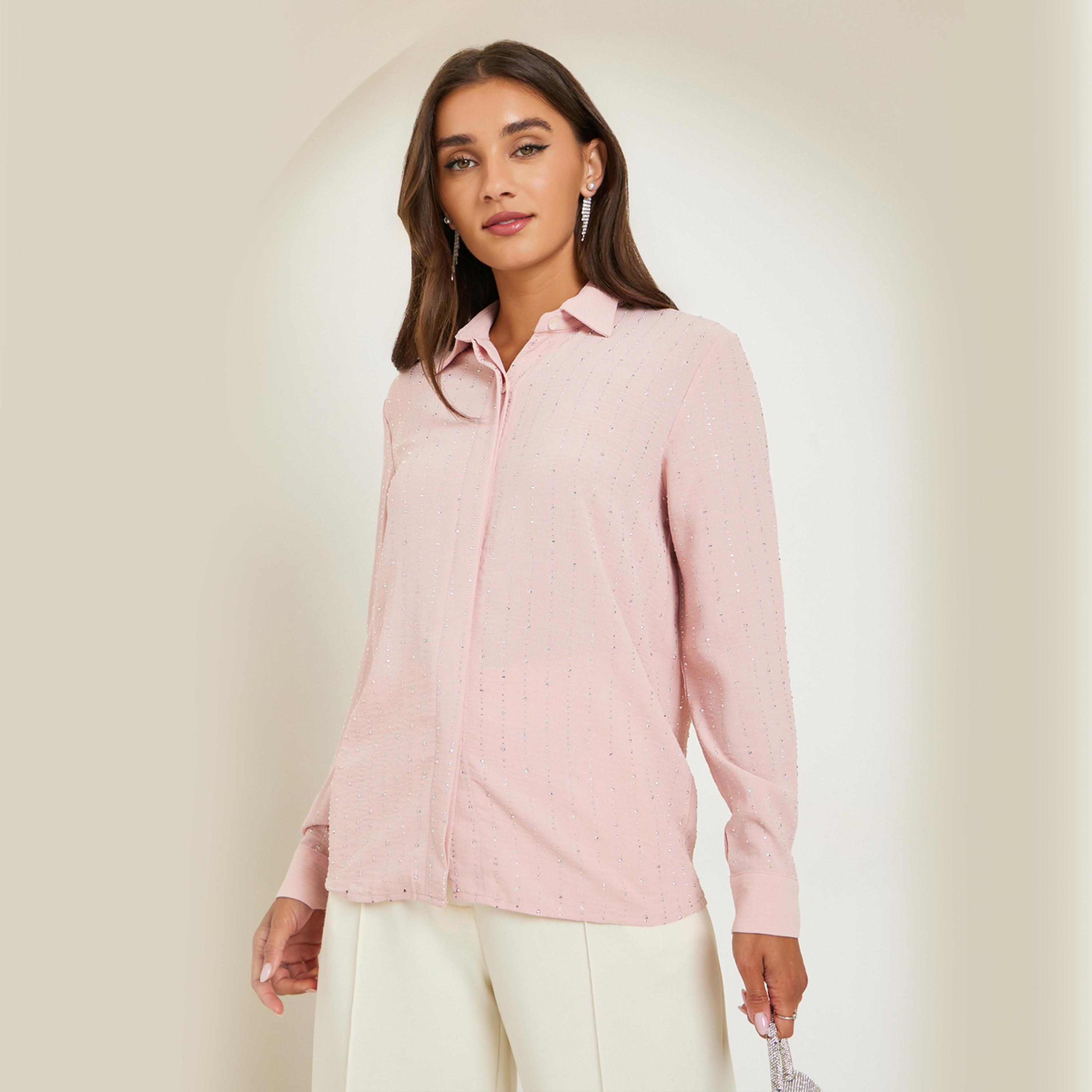 Styli Pink Embellished Long Sleeve Shirt-women-clothing-shirtsandblouses-shirts-image-1