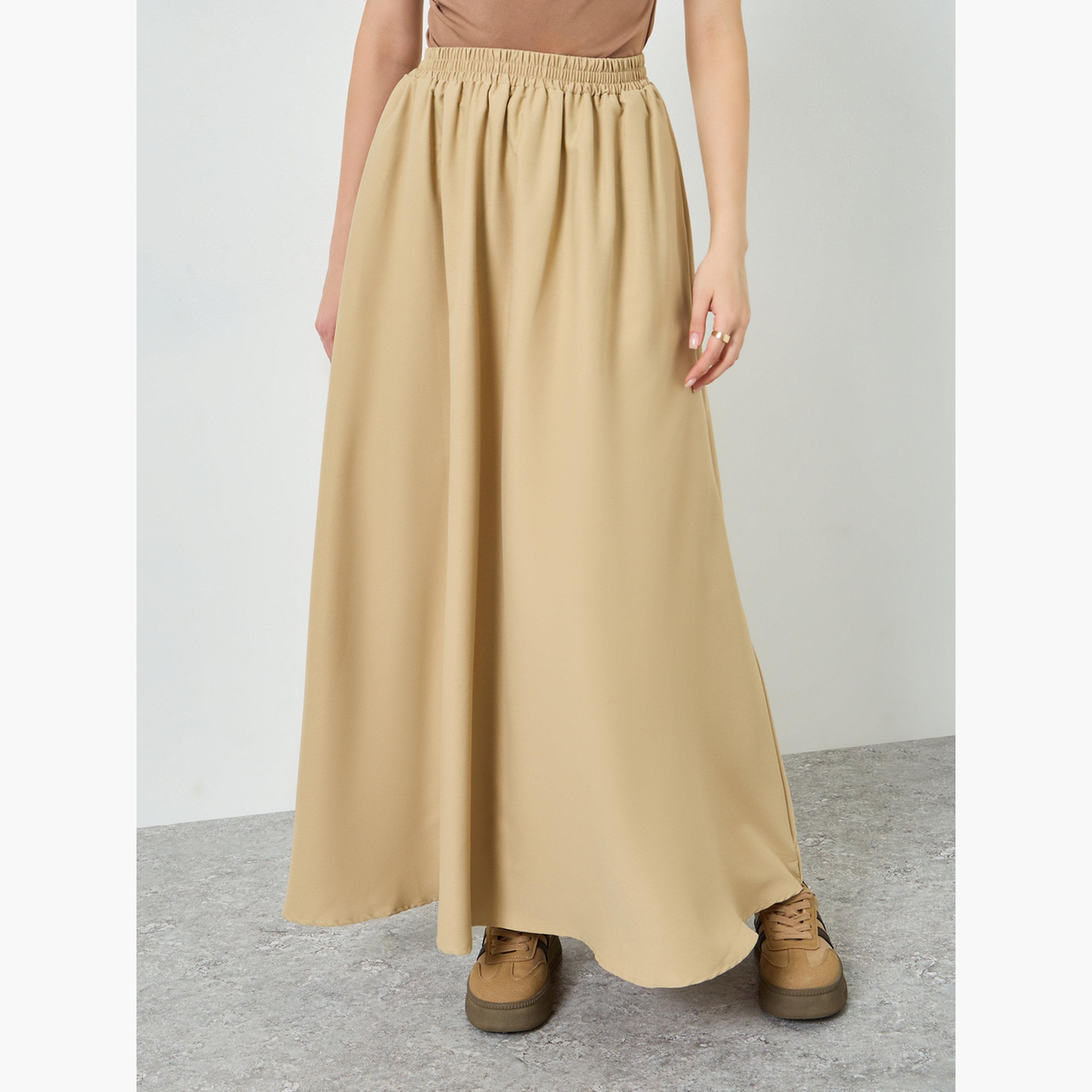 Styli Women Khaki Solid A-Line Maxi Skirt-women-clothing-bottoms-skirts-image-1