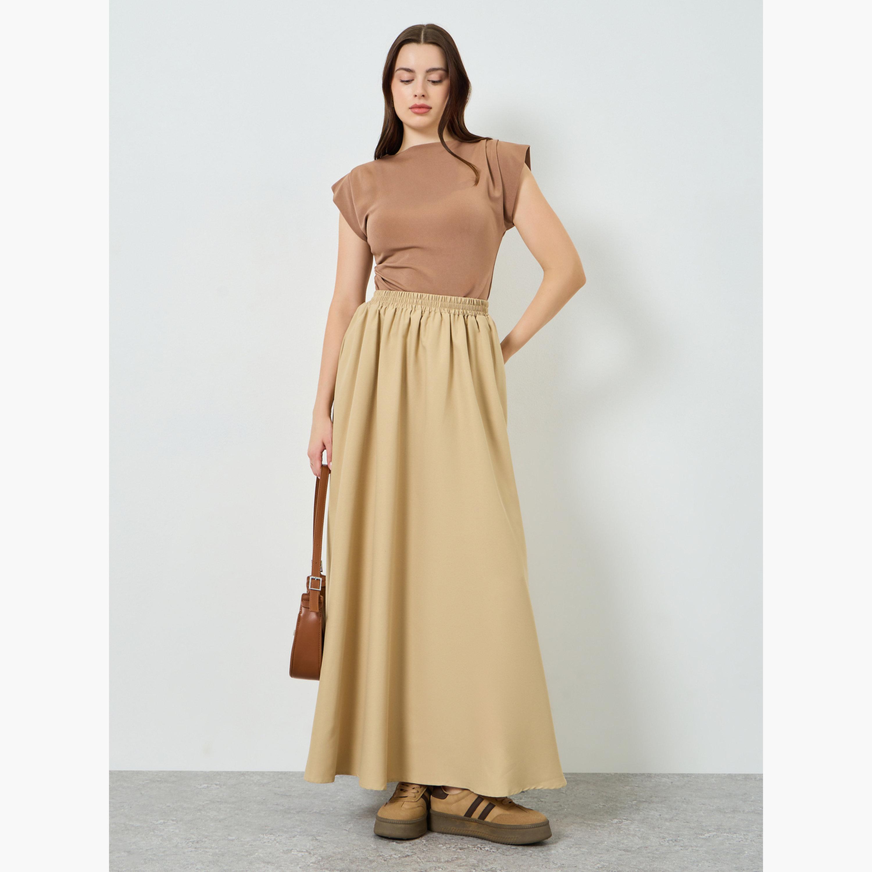 Styli Women Khaki Solid A-Line Maxi Skirt-women-clothing-bottoms-skirts-image-2