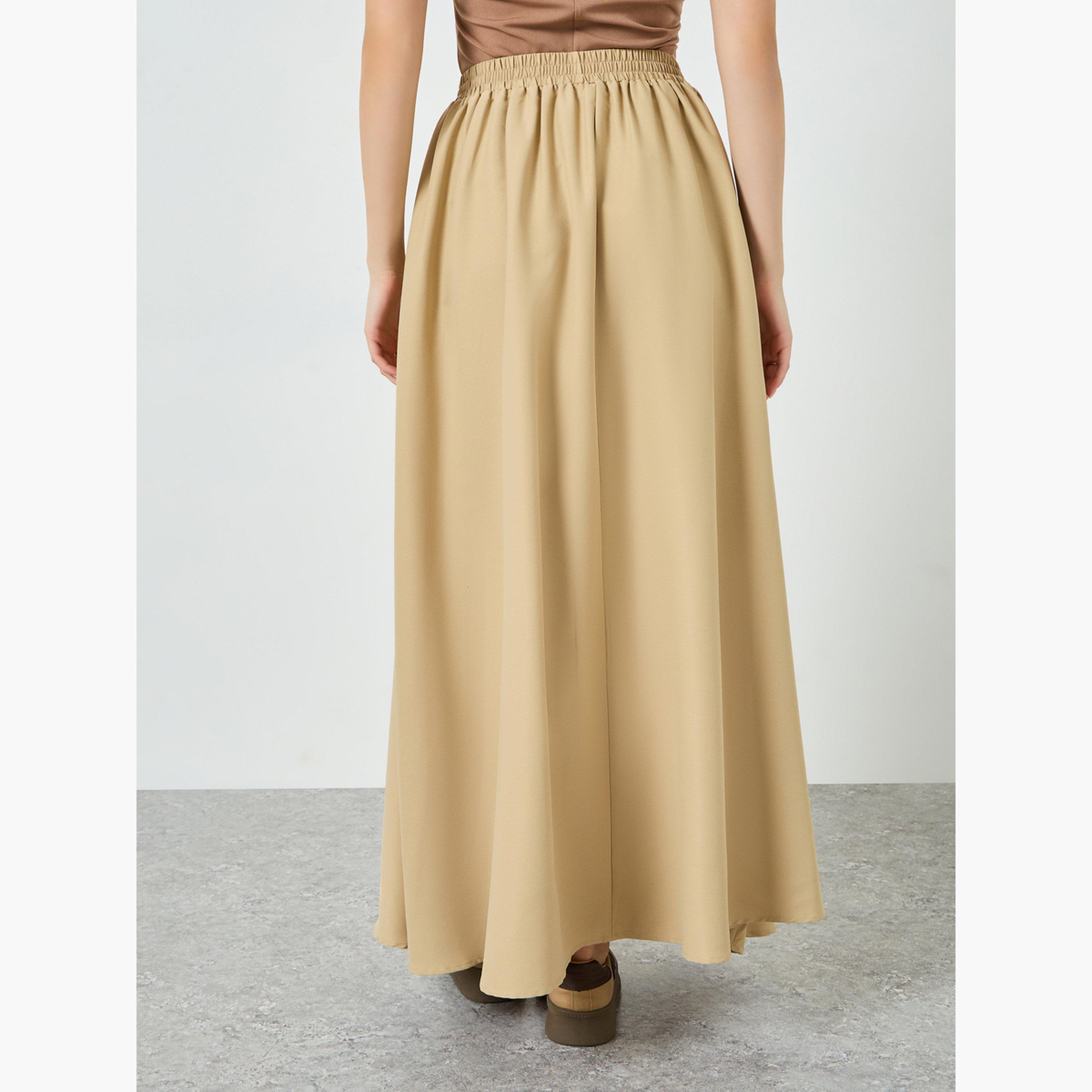 Styli Women Khaki Solid A-Line Maxi Skirt-women-clothing-bottoms-skirts-image-3