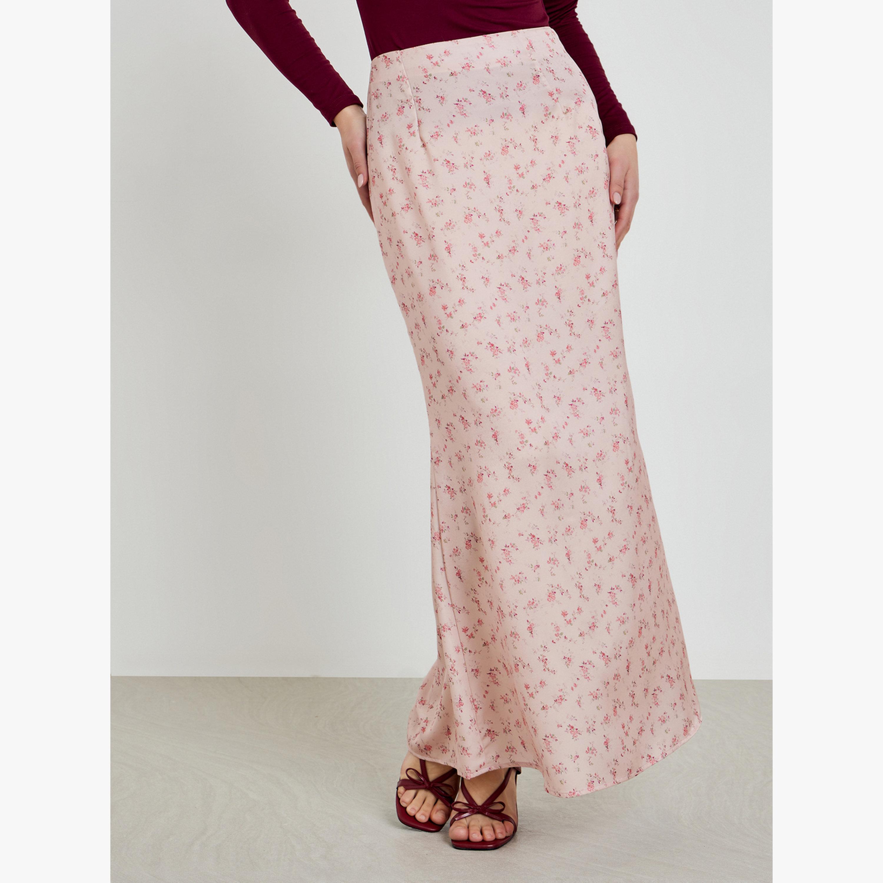 Styli Pink Floral Pink Flared Hem Maxi Skirt-women-clothing-bottoms-skirts-image-1