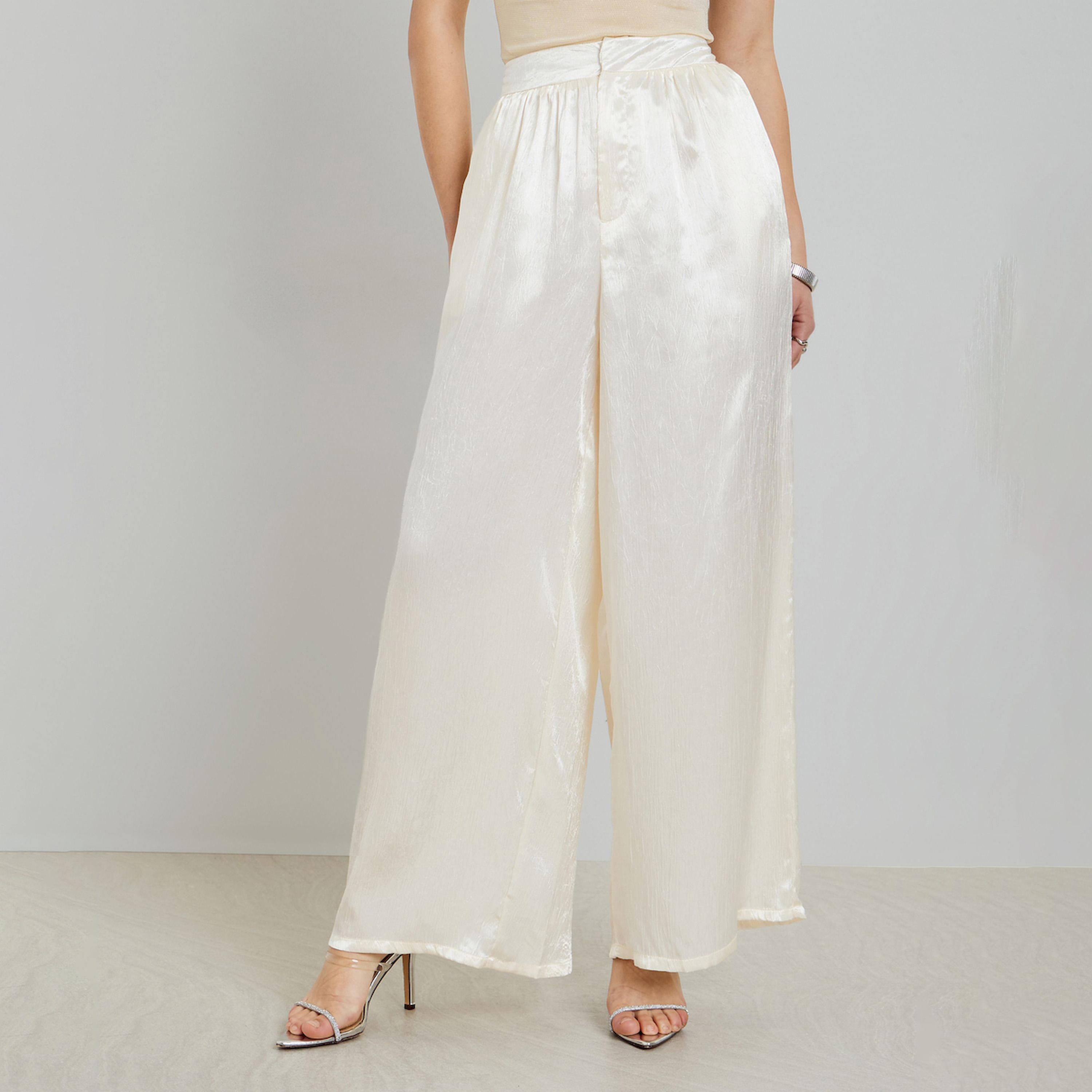 Styli Cream Shiny Wide Leg Trousers-women-clothing-bottoms-trousers-image-1
