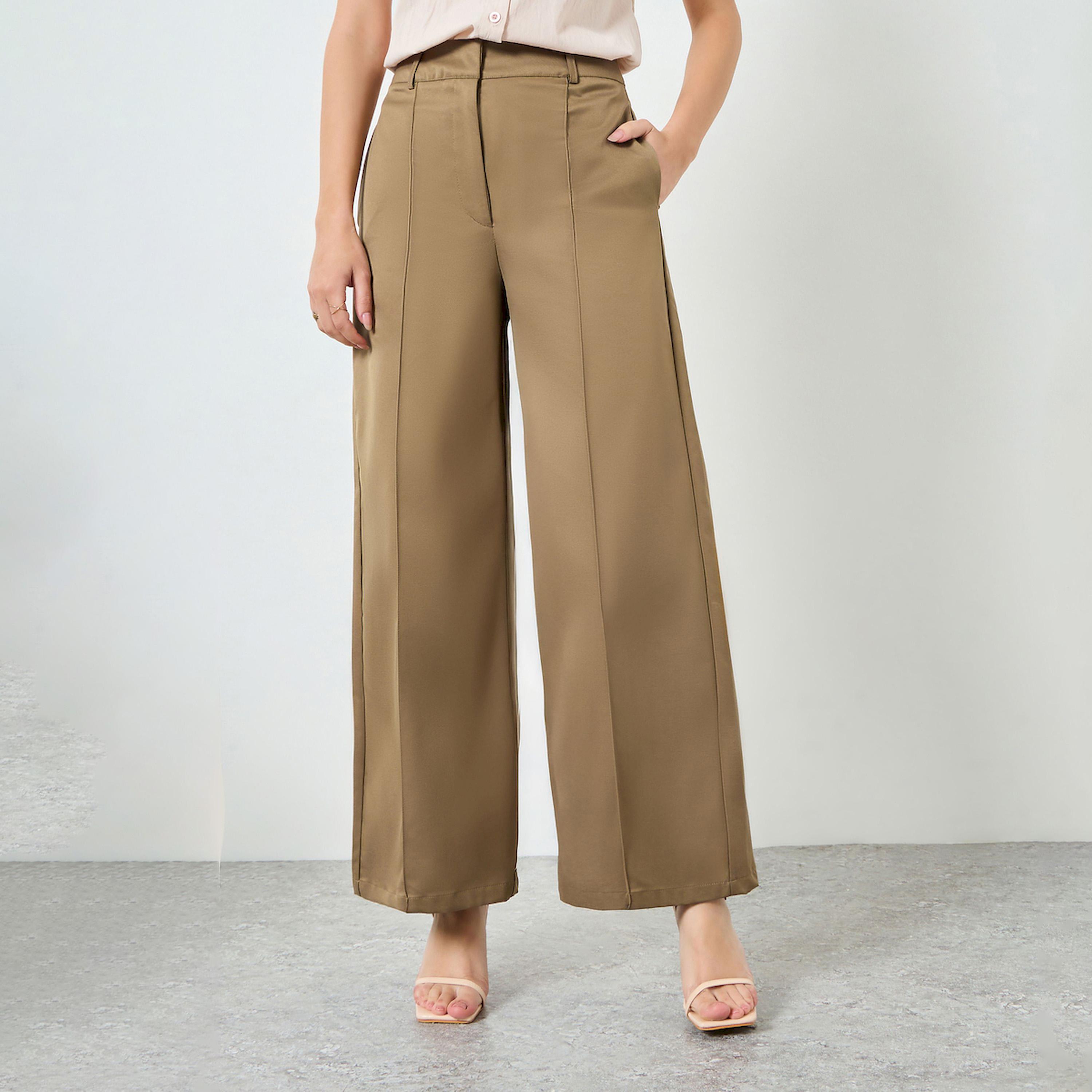 Styli Tan Solid Wide Leg Trousers-women-clothing-bottoms-trousers-image-1