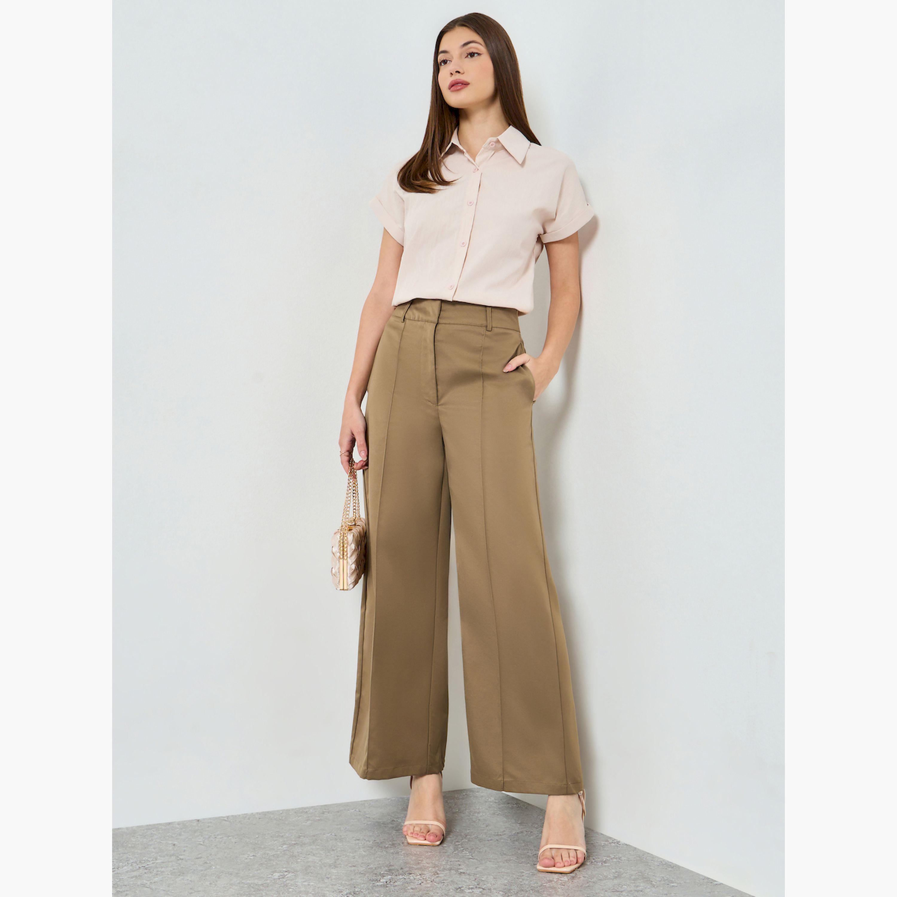 Styli Tan Solid Wide Leg Trousers-women-clothing-bottoms-trousers-image-2