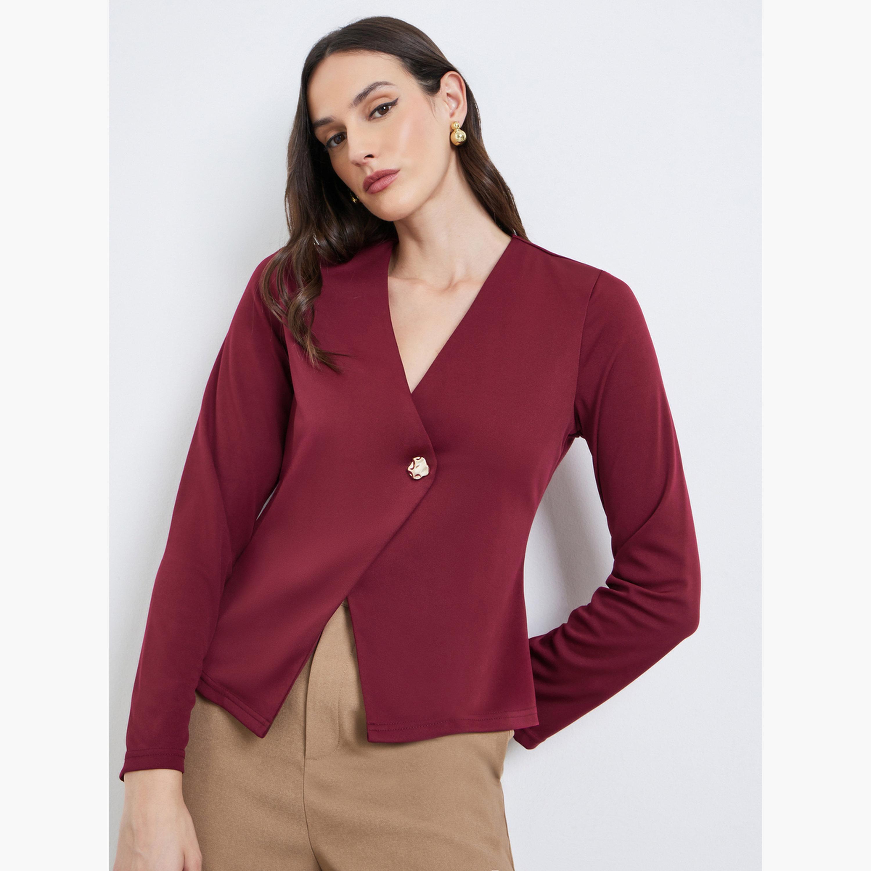 Styli Women Red Long Sleeve Wrap Top-women-clothing-shirtsandblouses-blouses-image-1