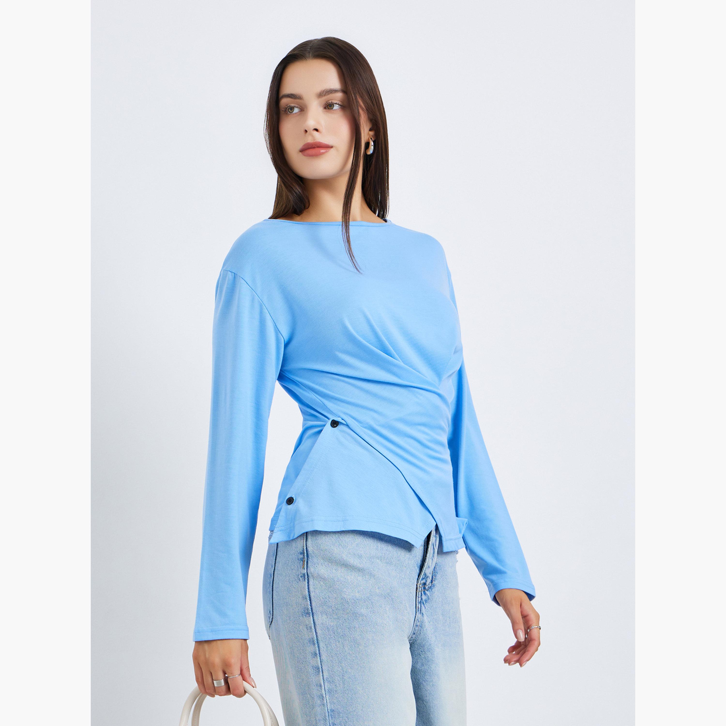 Styli Women Blue Long Sleeve Wrap Top-women-clothing-shirtsandblouses-blouses-image-1