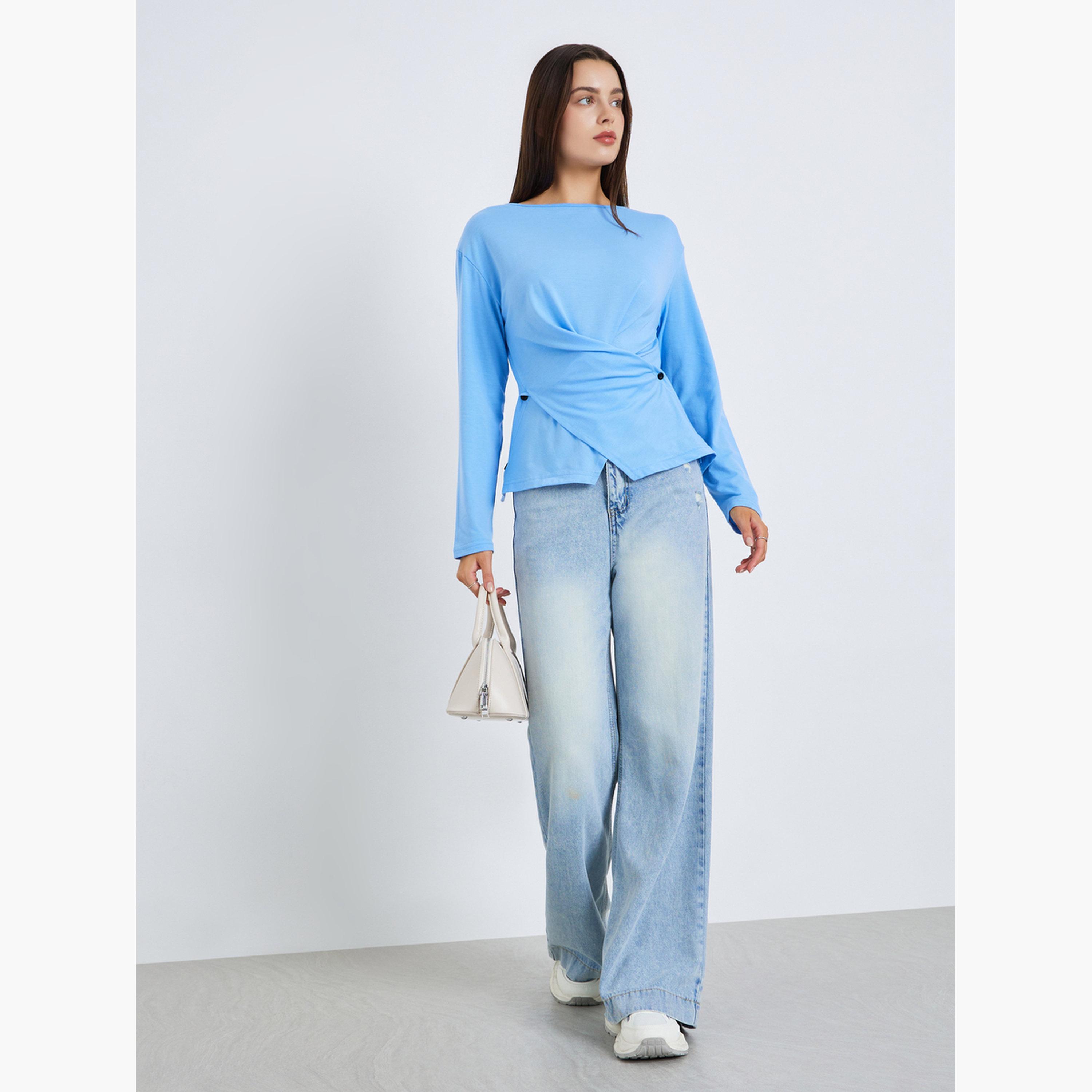 Styli Women Blue Long Sleeve Wrap Top-women-clothing-shirtsandblouses-blouses-image-2