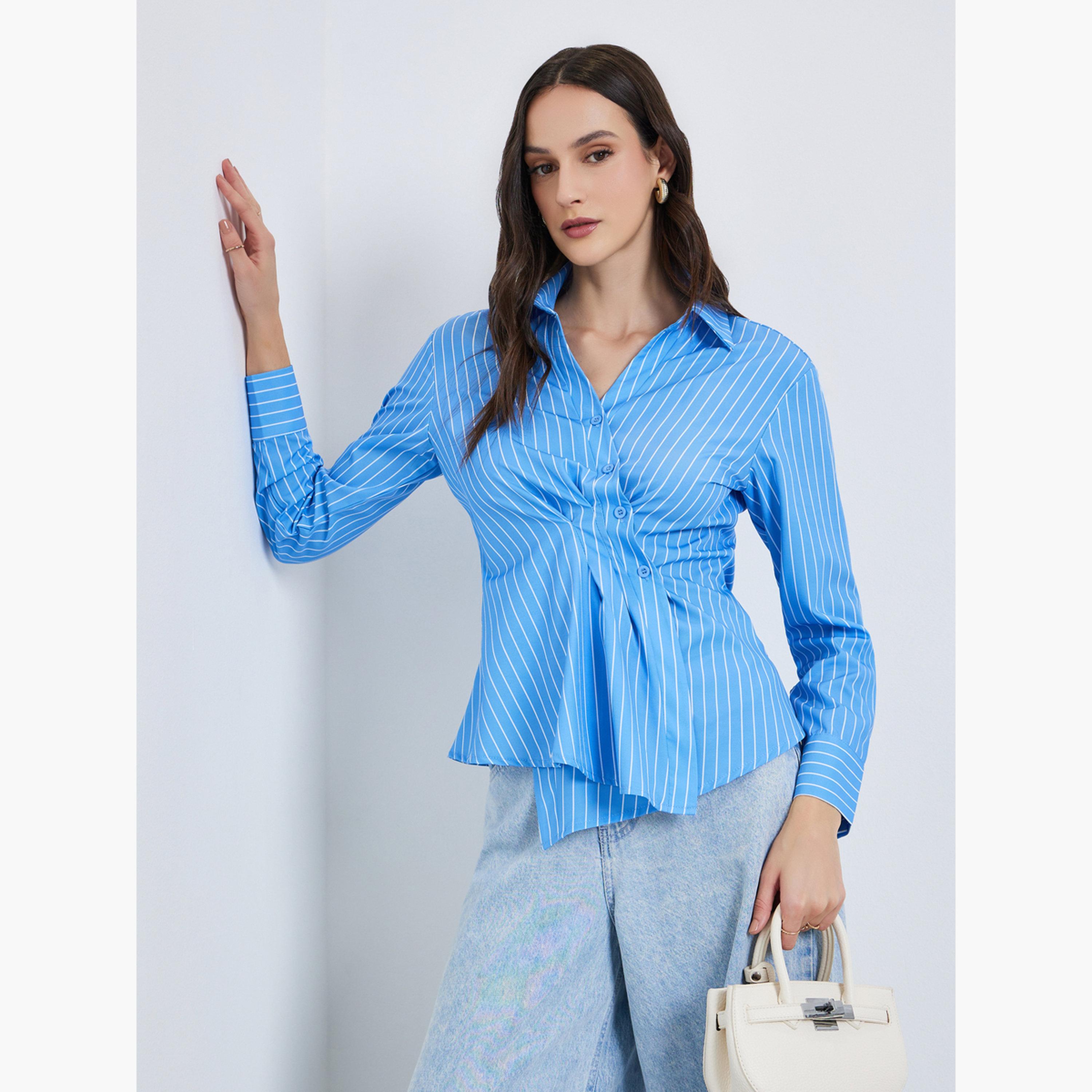 بلوزة مخططة بنمط لف-women-clothing-shirtsandblouses-blouses-image-1
