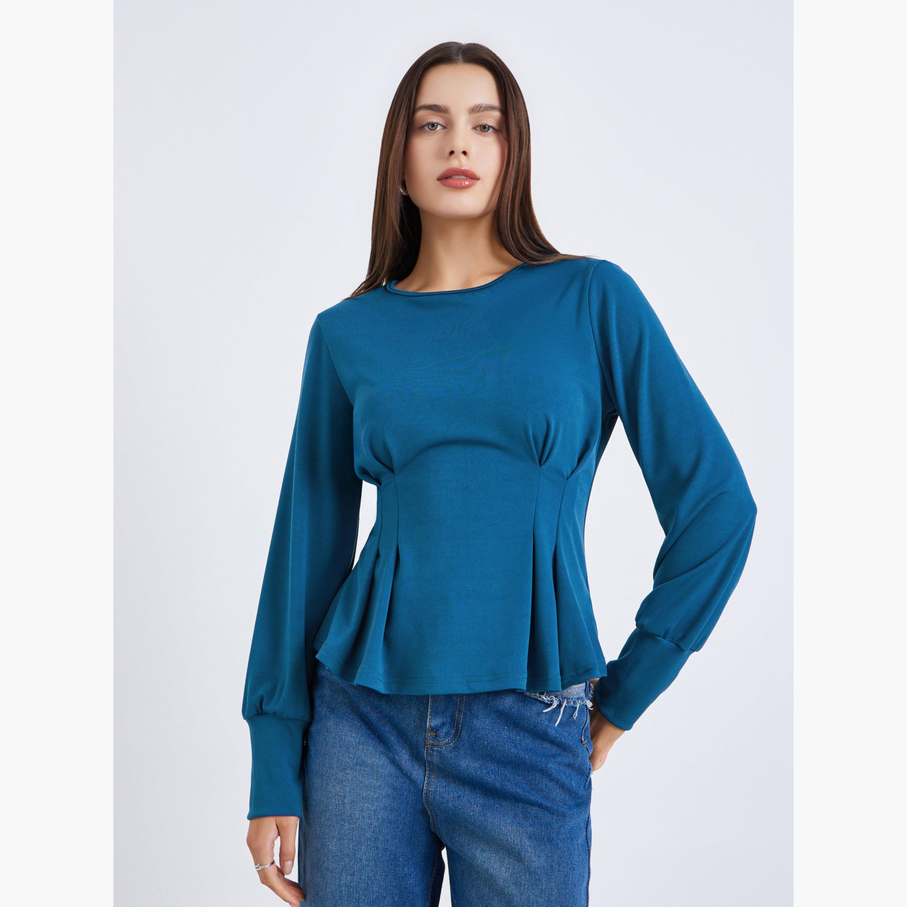 Styli Women Blue Long Sleeve Peplum Top-women-clothing-shirtsandblouses-blouses-image-1