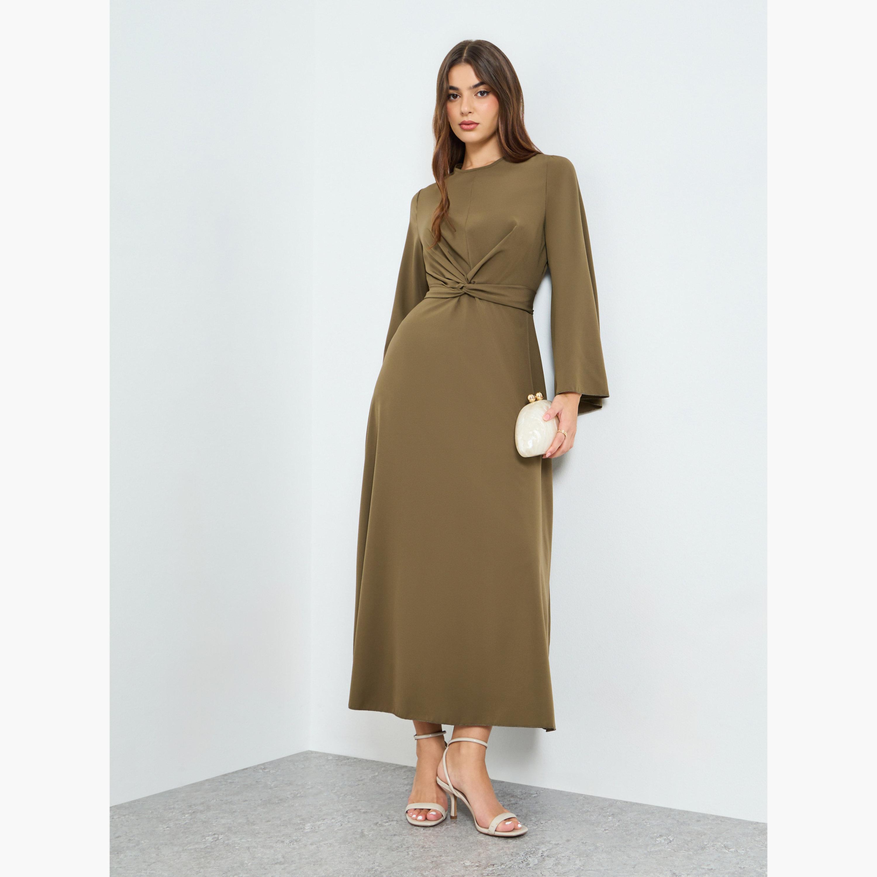 فستان ميدي بحافة واسعة وتفاصيل ملفوفة من الأمام-women-clothing-dresses-image-1