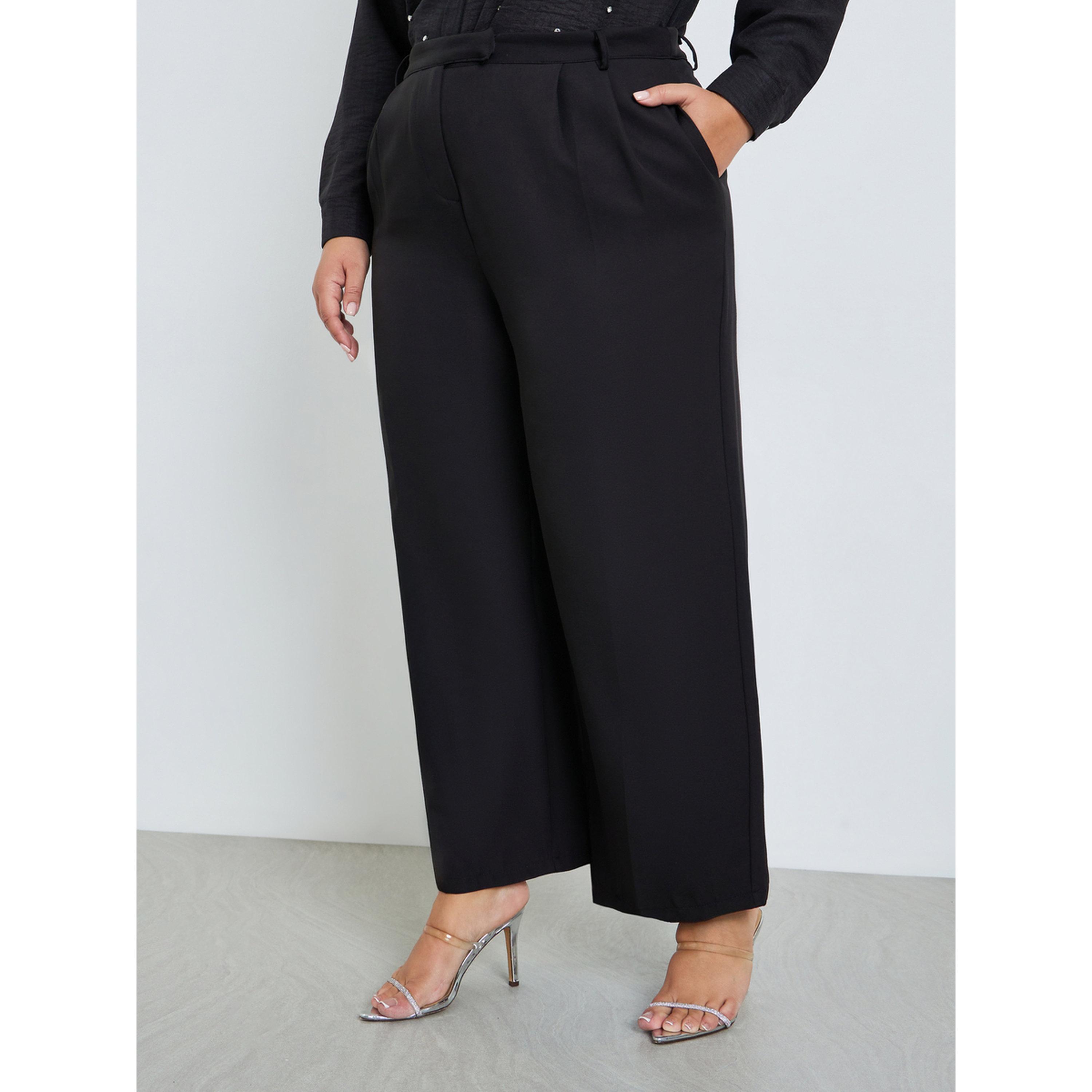 Styli Plus Size Women Black Wide Leg Trousers-women-clothing-bottoms-trousers-image-1