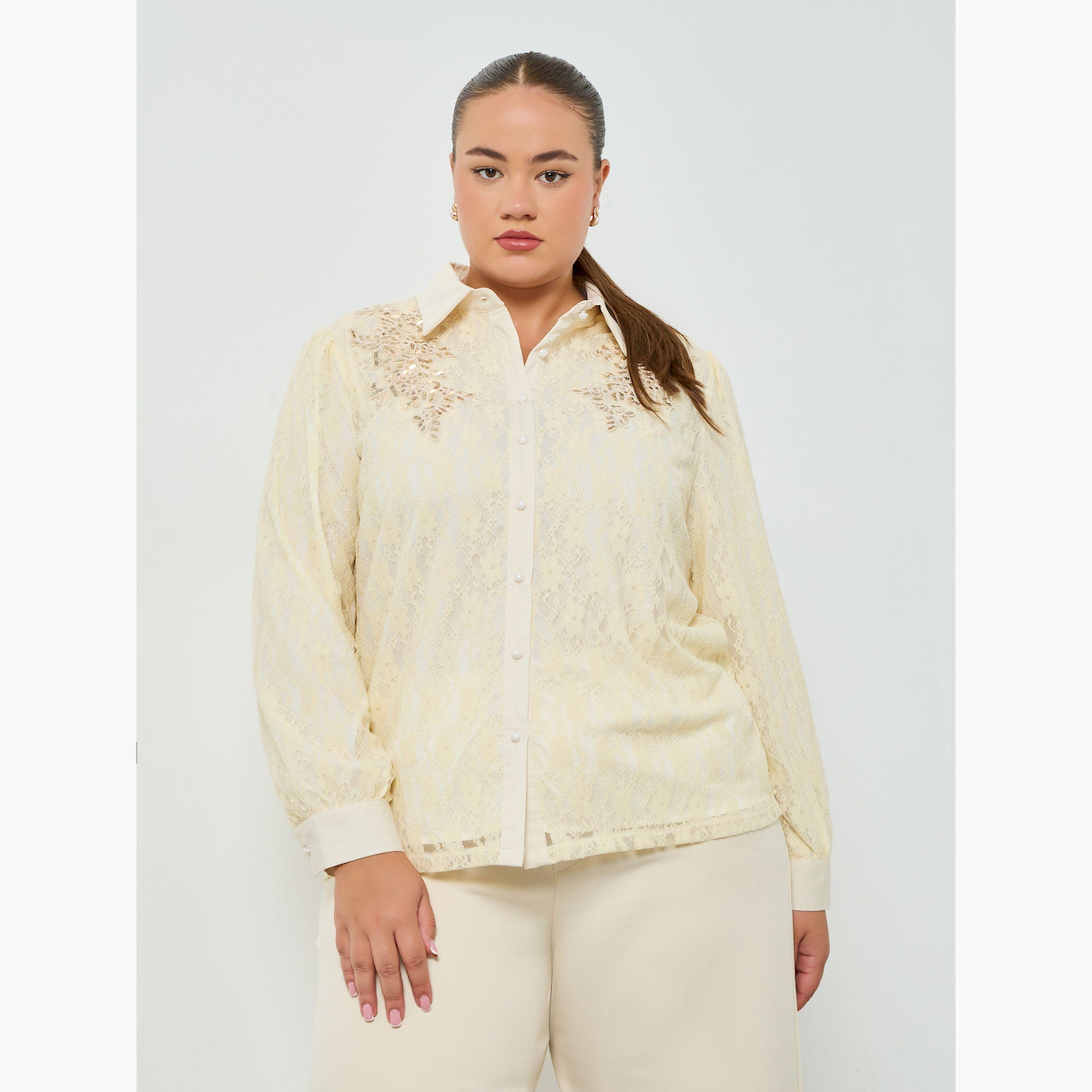 Styli Plus Size Lace Shirt with Buttons-women-clothing-shirtsandblouses-shirts-image-1