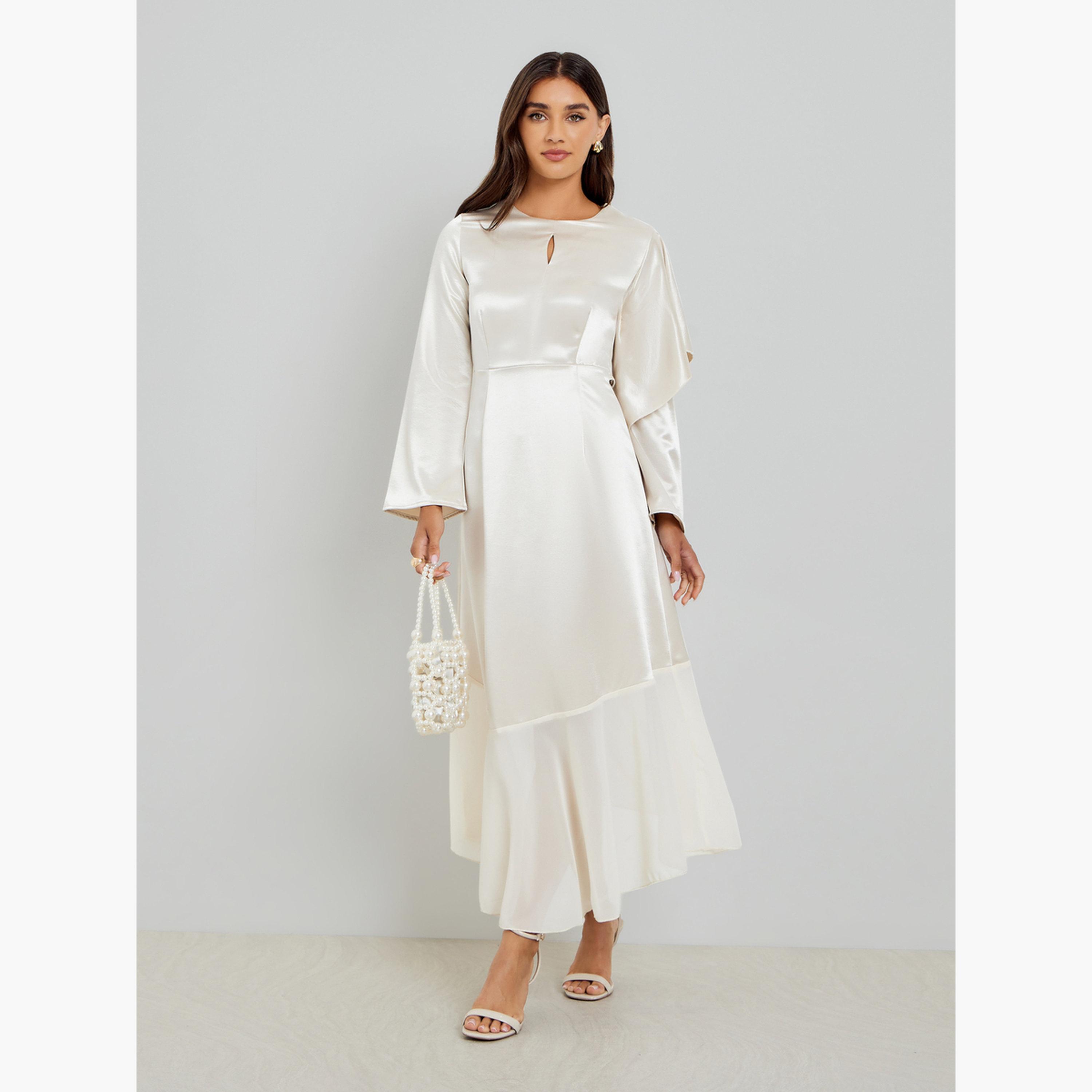 Styli Women Cream Satin Maxi Dress with Long Sleeves-women-clothing-dresses-image-1
