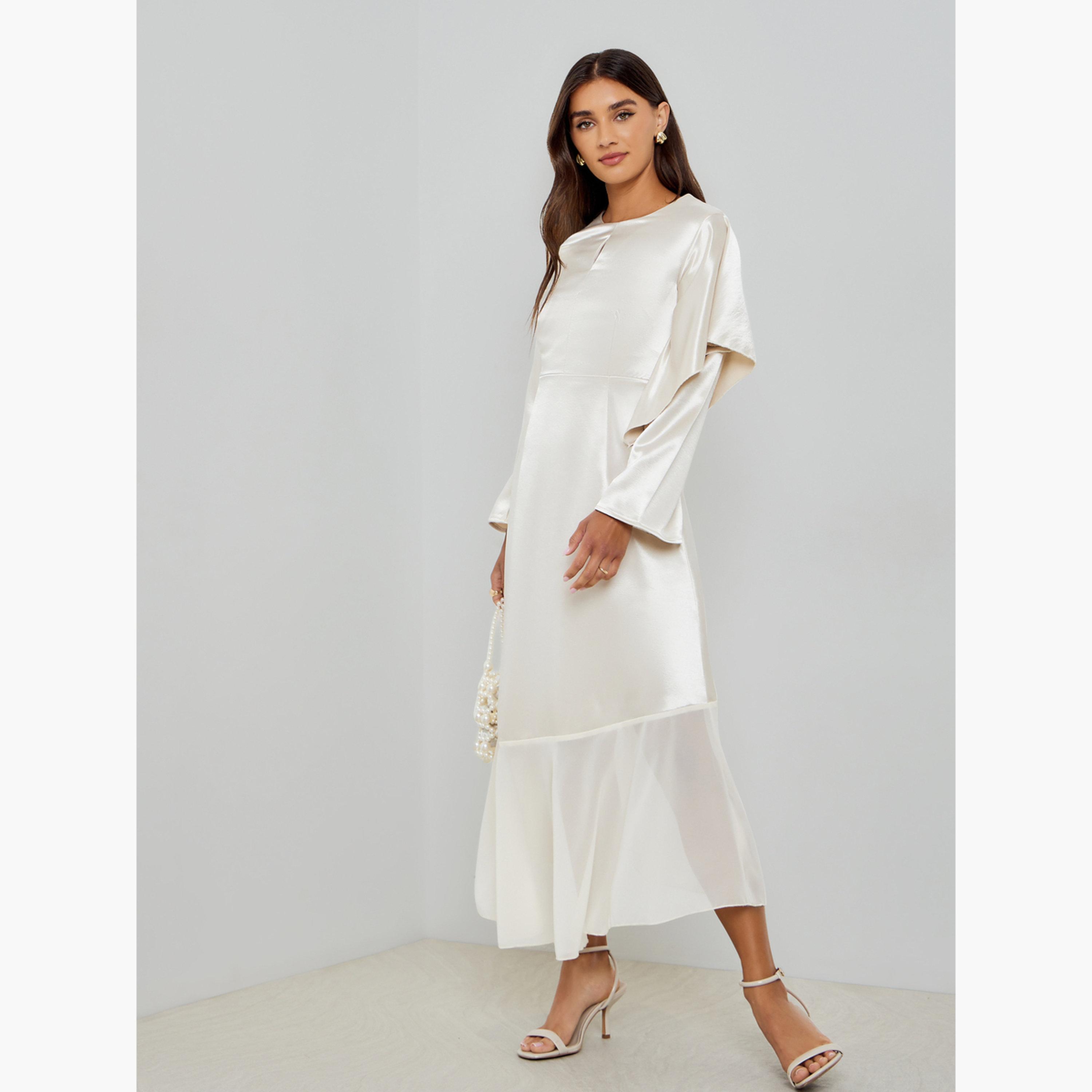 Styli Women Cream Satin Maxi Dress with Long Sleeves-women-clothing-dresses-image-2