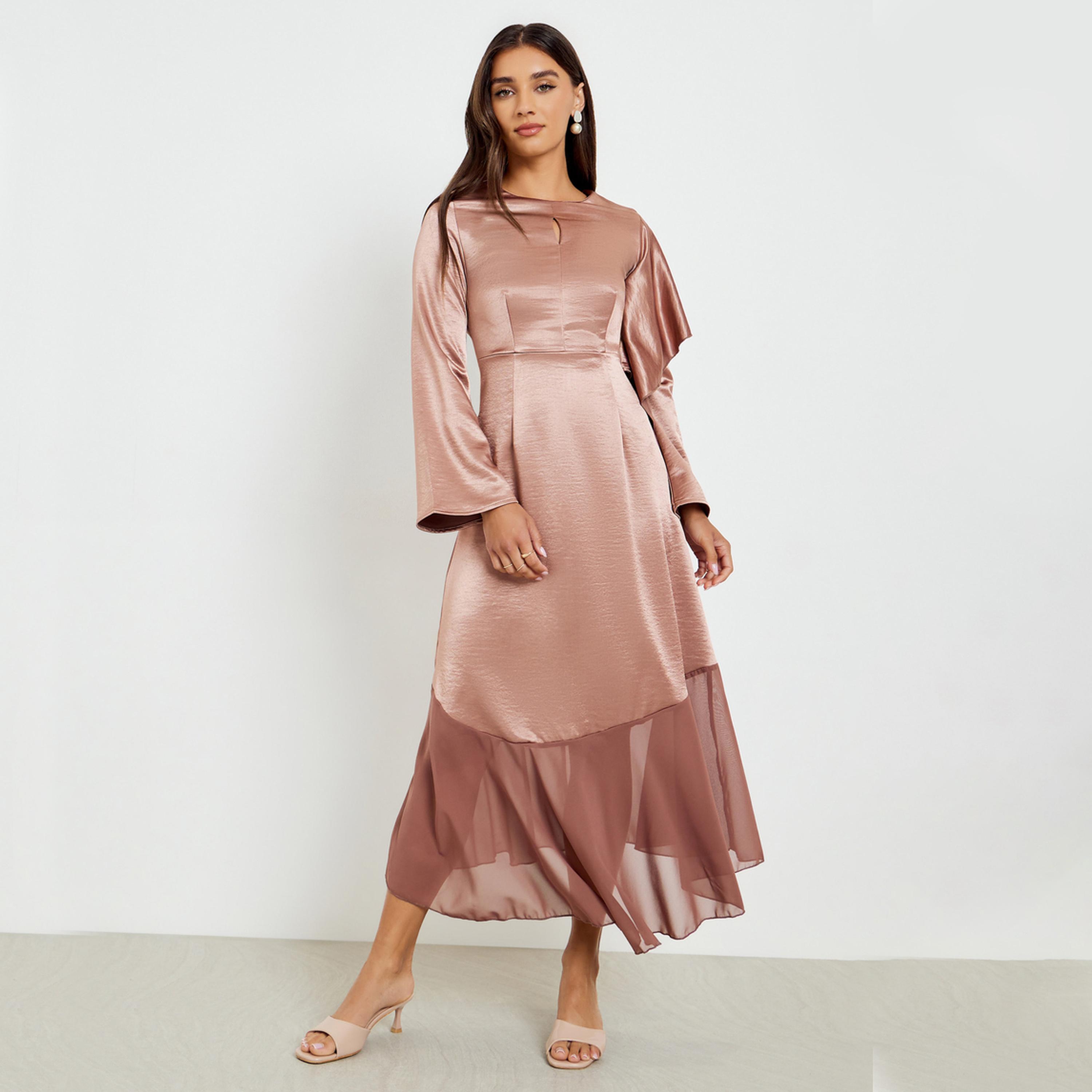 Styli Women Pink Satin Maxi Dress with Long Sleeves-women-clothing-dresses-image-1