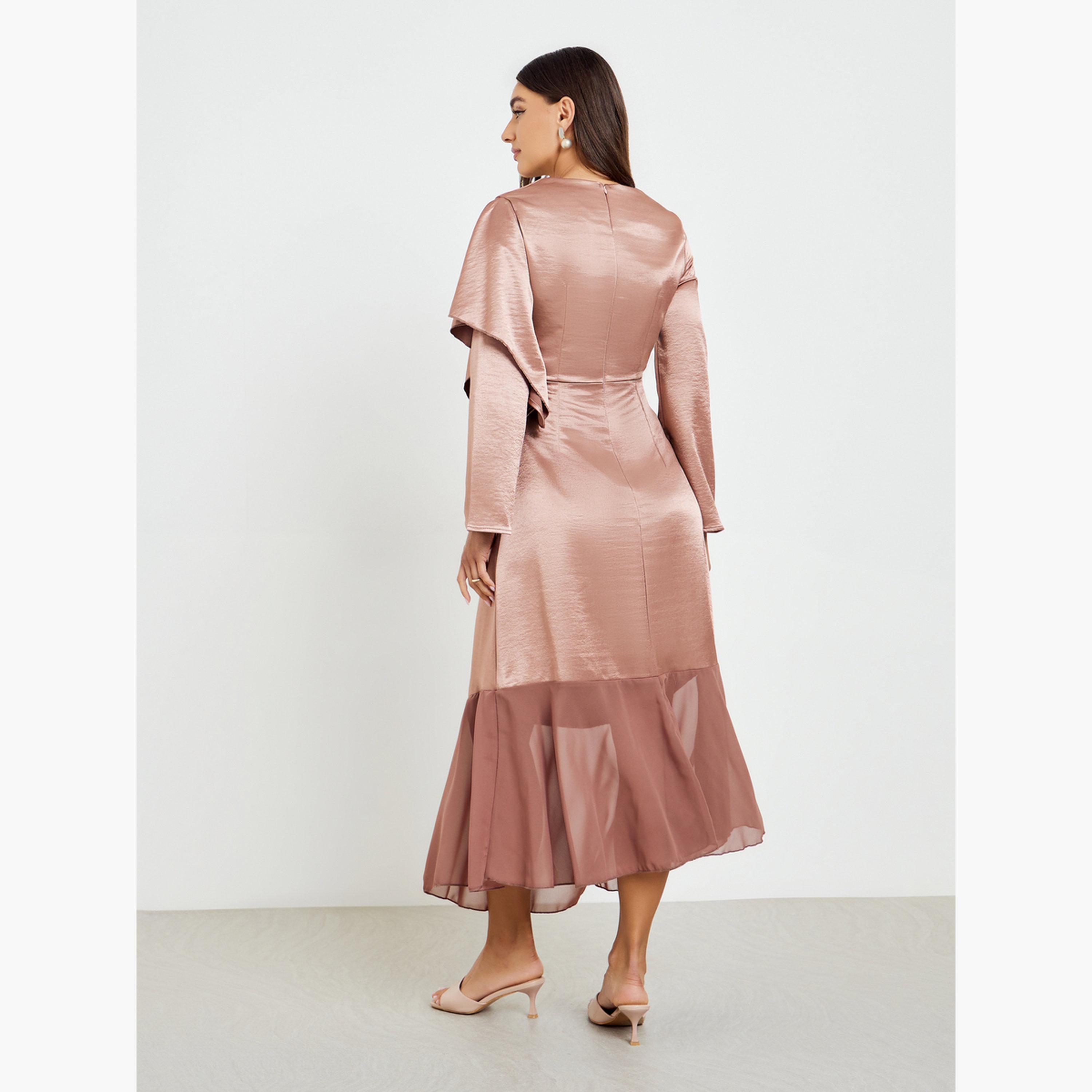Styli Women Pink Satin Maxi Dress with Long Sleeves-women-clothing-dresses-image-3