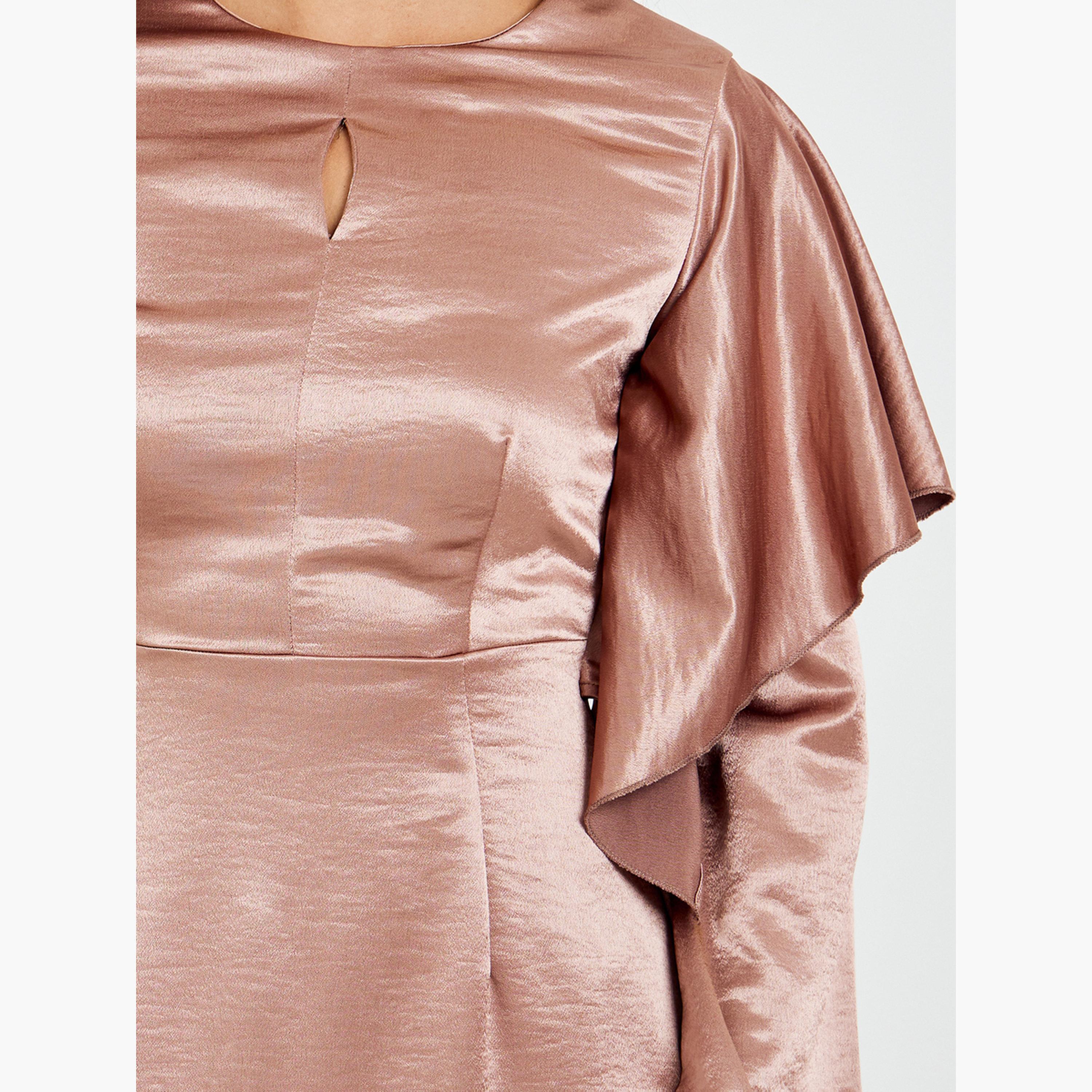 Styli Women Pink Satin Maxi Dress with Long Sleeves-women-clothing-dresses-image-5