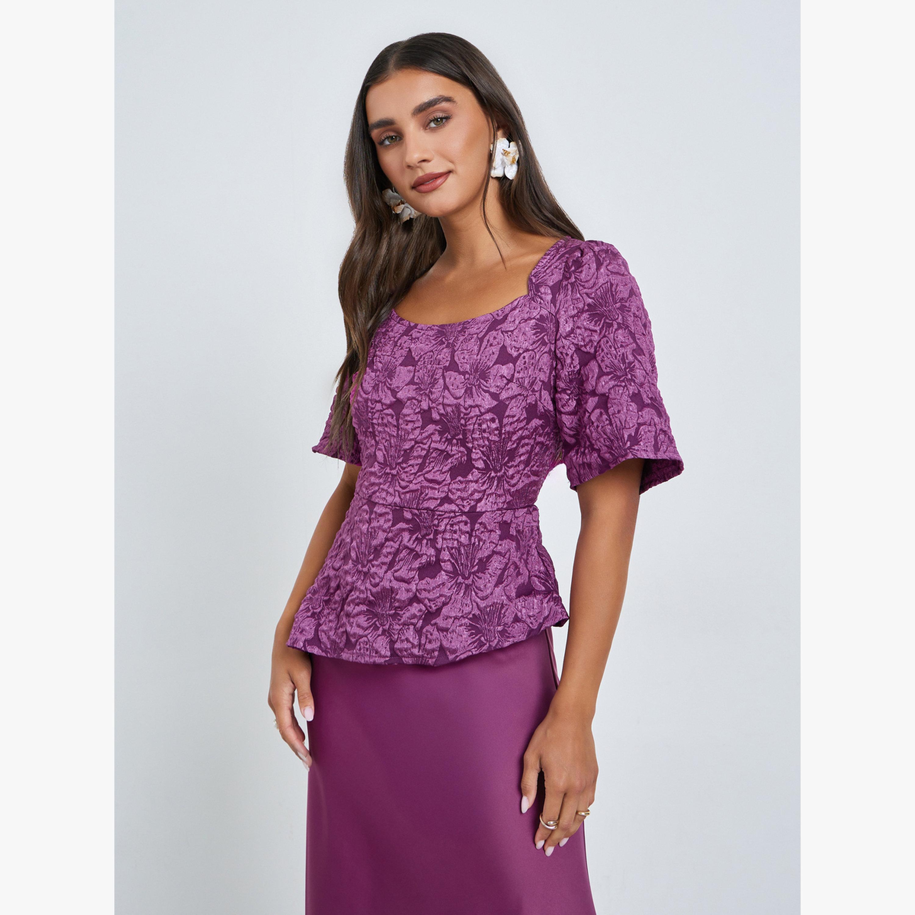 Styli Magenta Jacquard Puff Sleeve Maxi Dress-women-clothing-dresses-image-2
