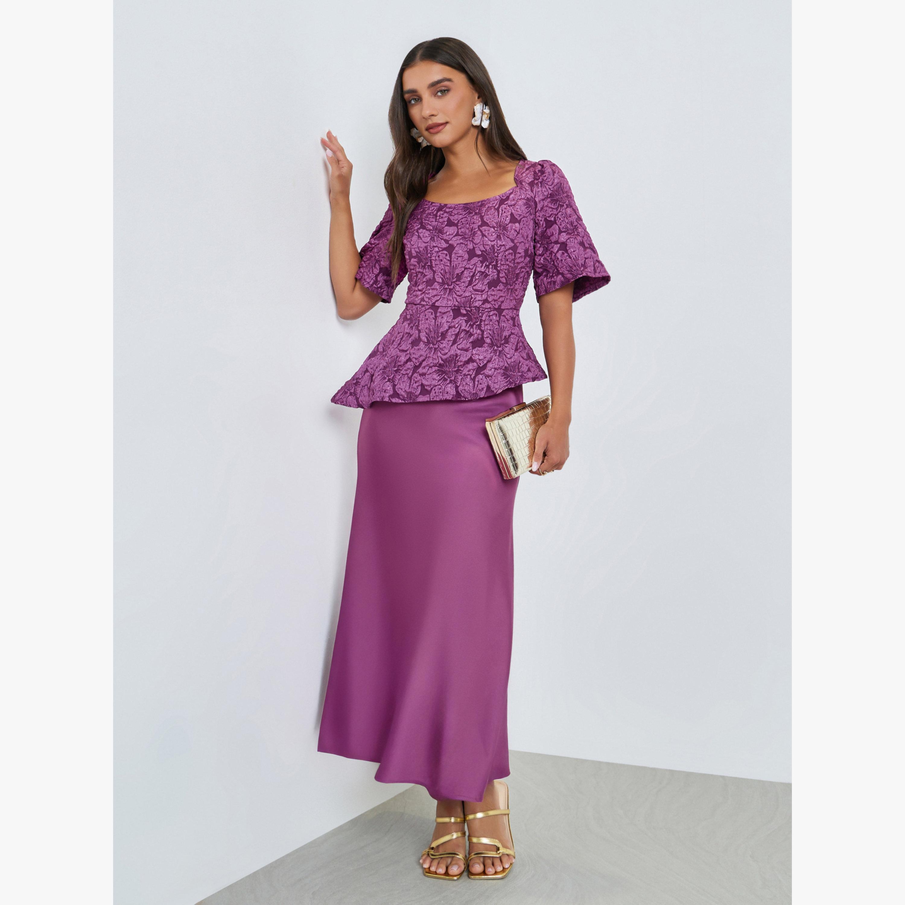 Styli Magenta Jacquard Puff Sleeve Maxi Dress-women-clothing-dresses-image-3