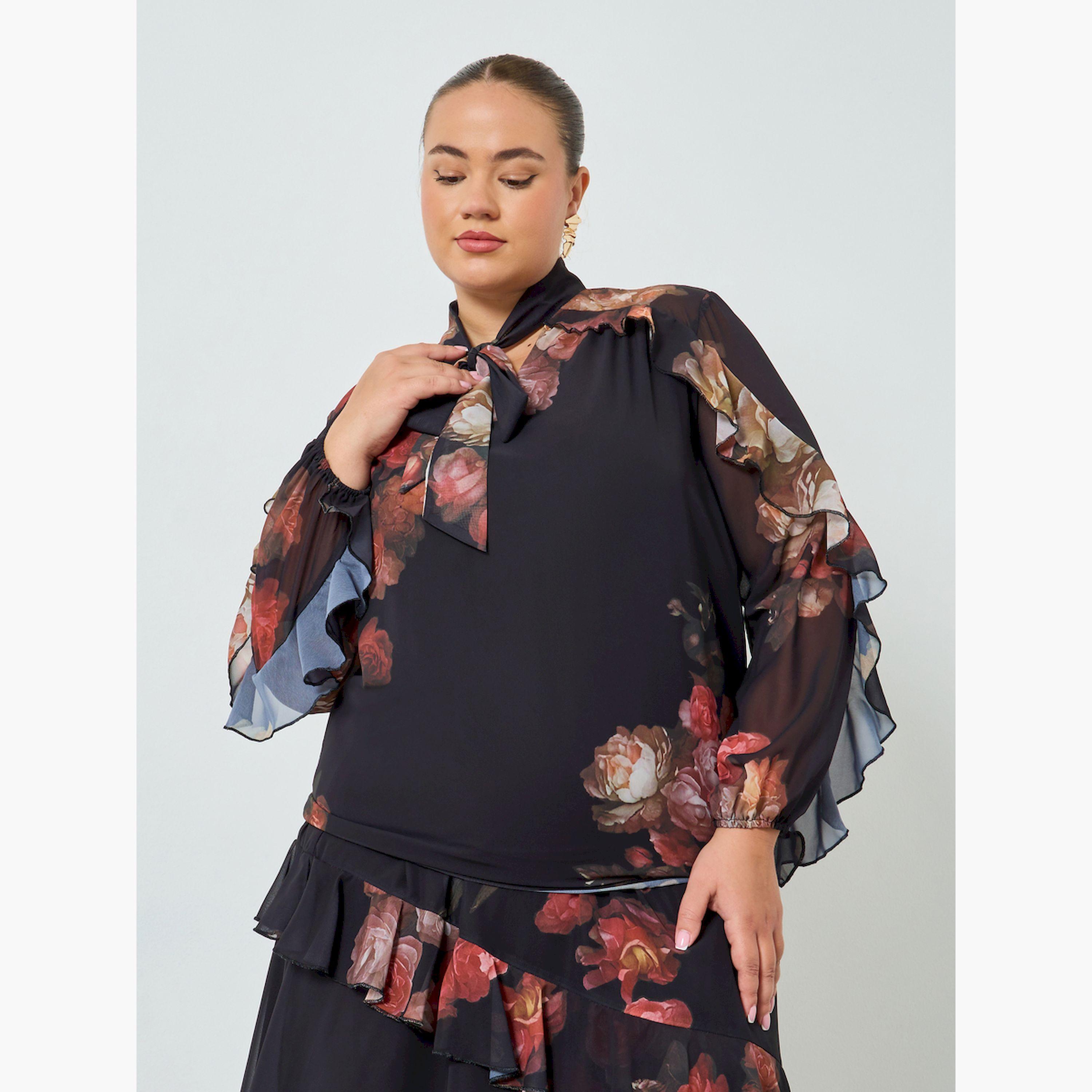 Styli Plus Size Floral Print Ruffle Blouse-women-clothing-shirtsandblouses-blouses-image-1