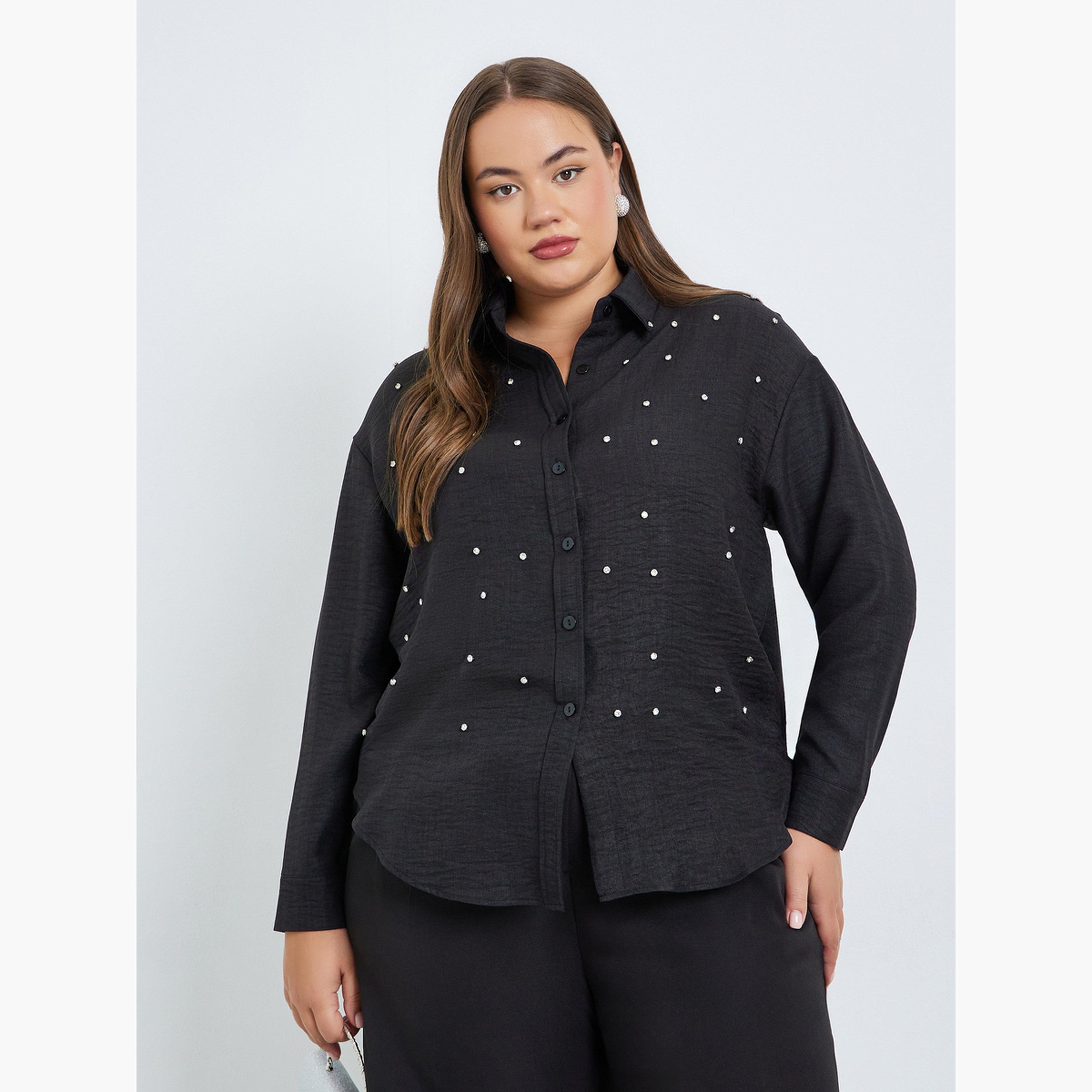 قميص أسود مزين بأكمام طويلة بمقاسات كبيرة-women-clothing-shirtsandblouses-shirts-image-1