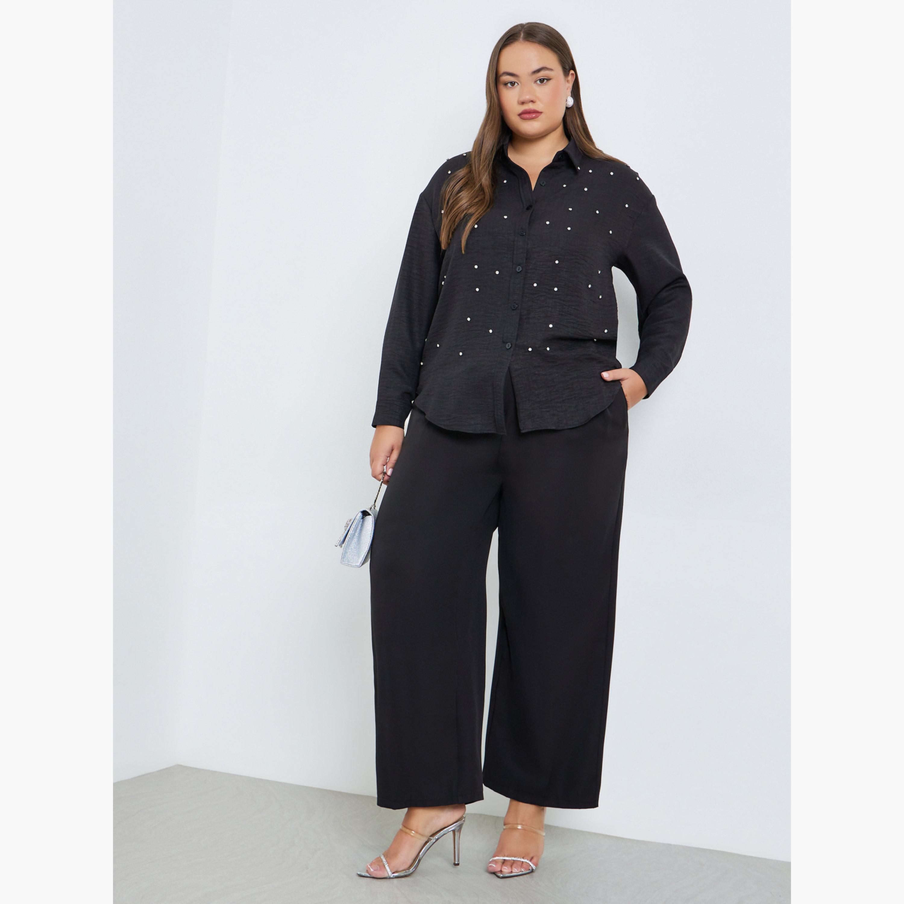 قميص أسود مزين بأكمام طويلة بمقاسات كبيرة-women-clothing-shirtsandblouses-shirts-image-2