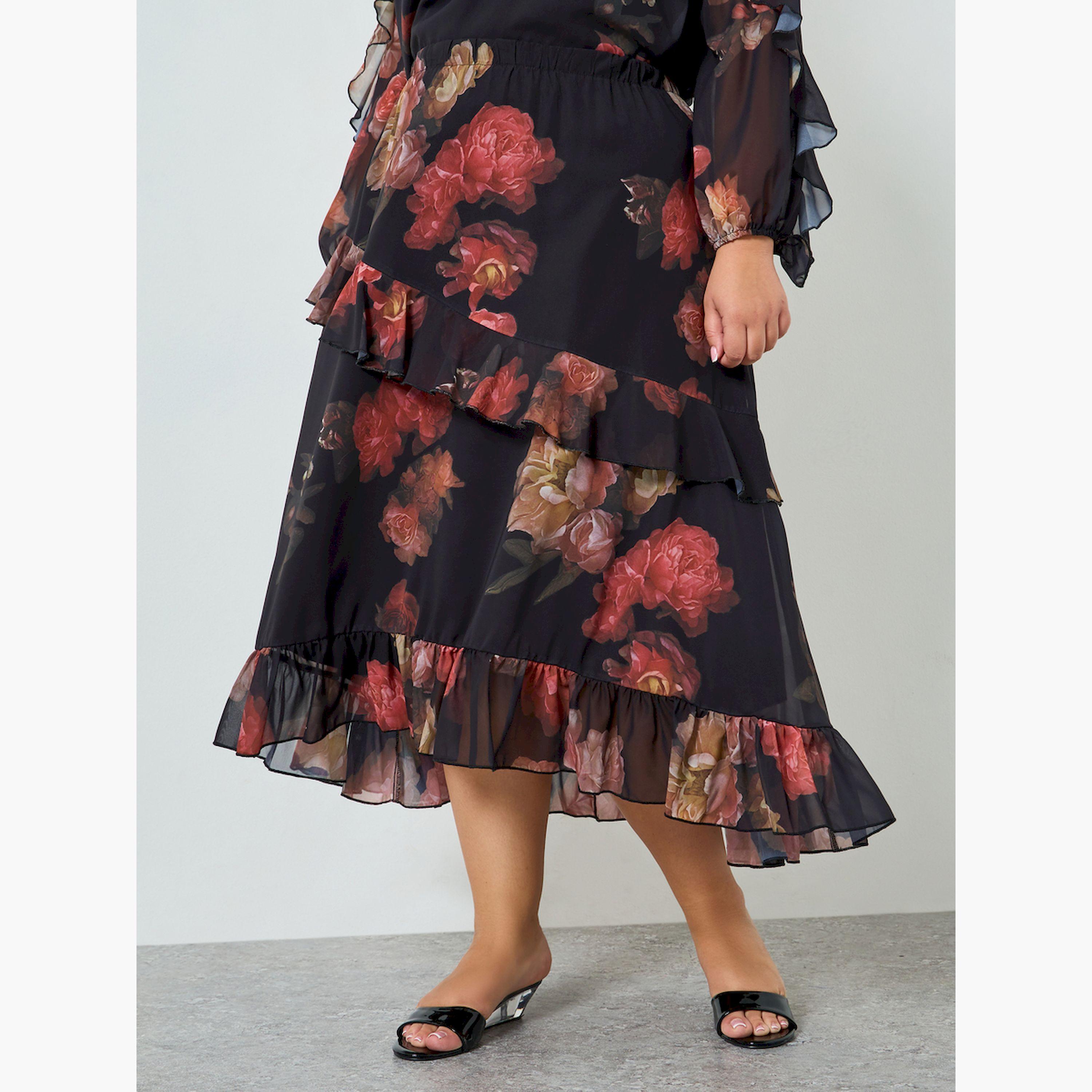 Styli Plus Size Floral Print Ruffled Midi Skirt-women-clothing-bottoms-skirts-image-1