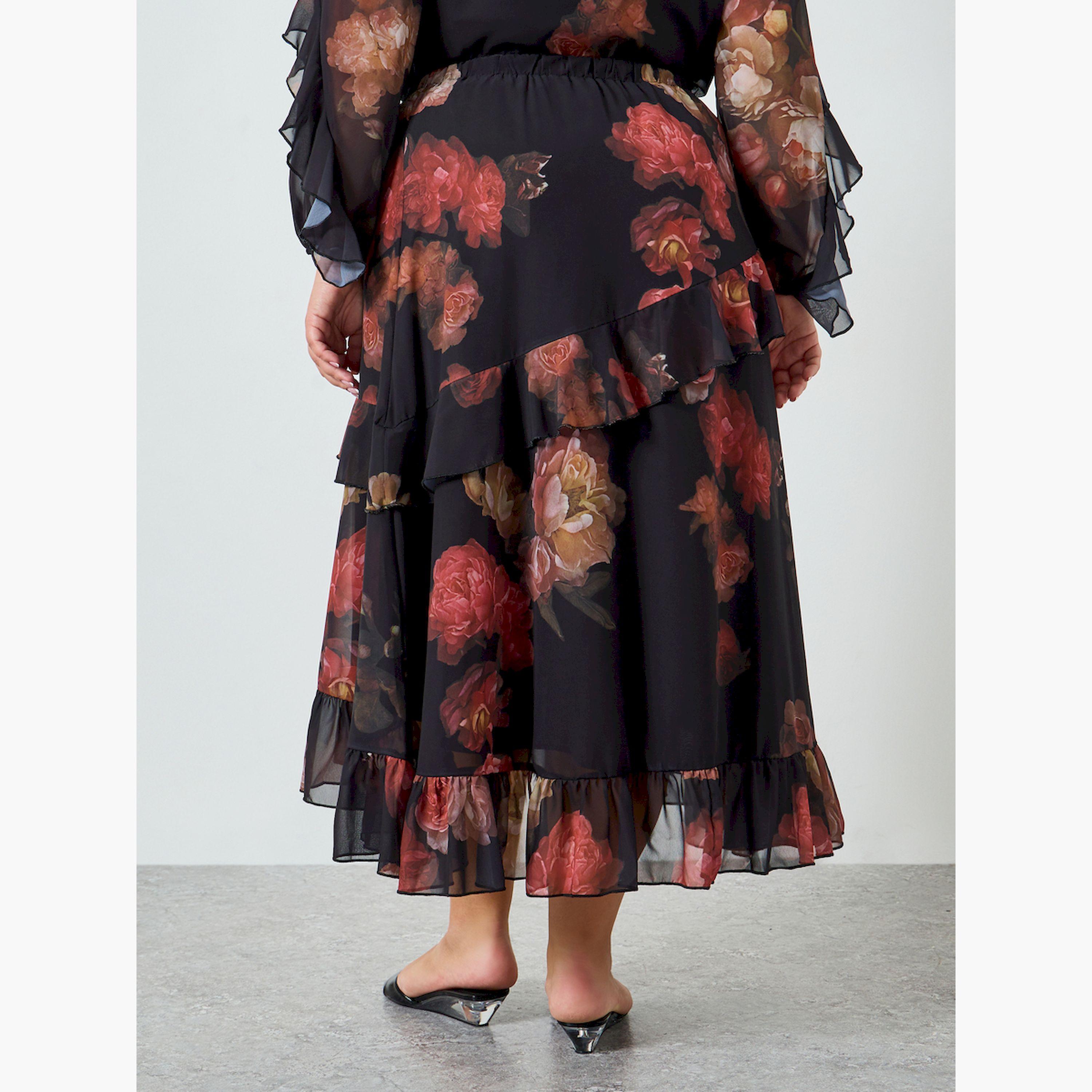 تنورة ميدي بكشكش وطبعة زهور بمقاس كبير-women-clothing-bottoms-skirts-image-4