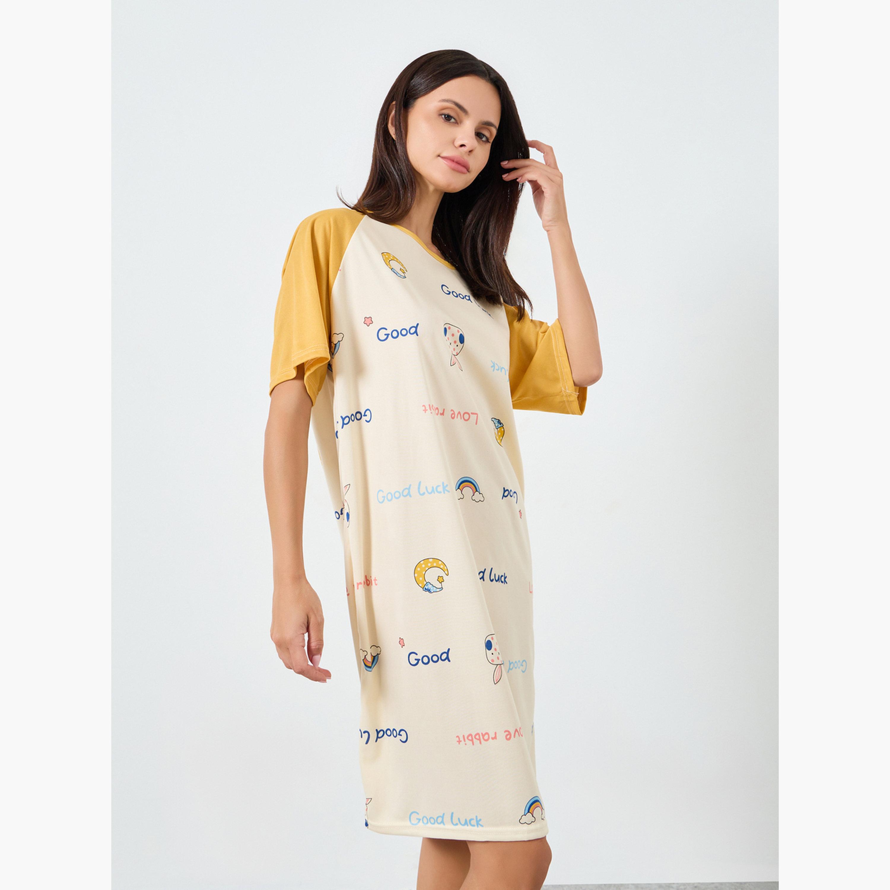 Styli Graphic Print Raglan Sleeves Sleep T-Shirt Dress-women-clothing-nightwear-nighties-image-2