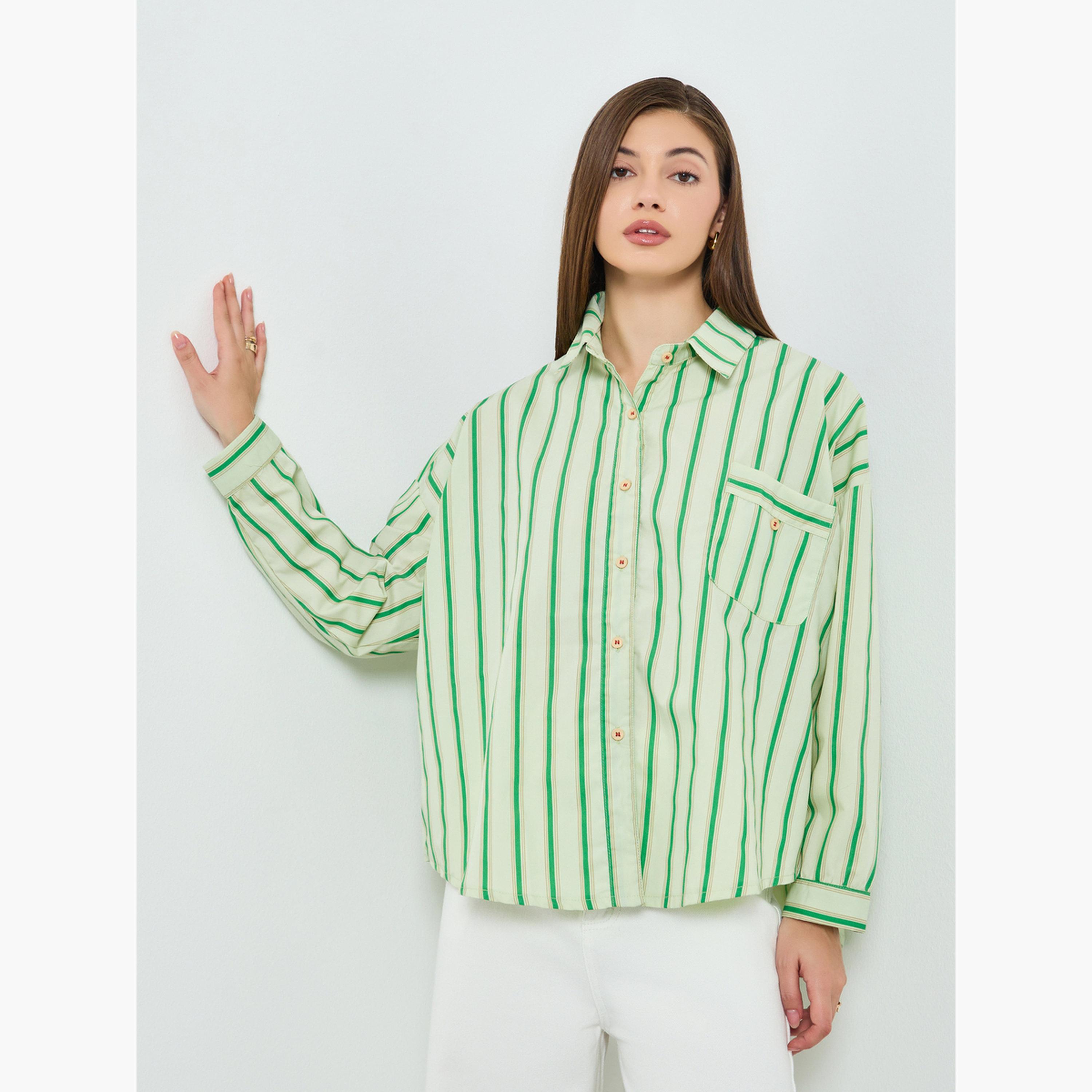 Styli Women Green Striped Oversized Shirt-women-clothing-shirtsandblouses-shirts-image-1