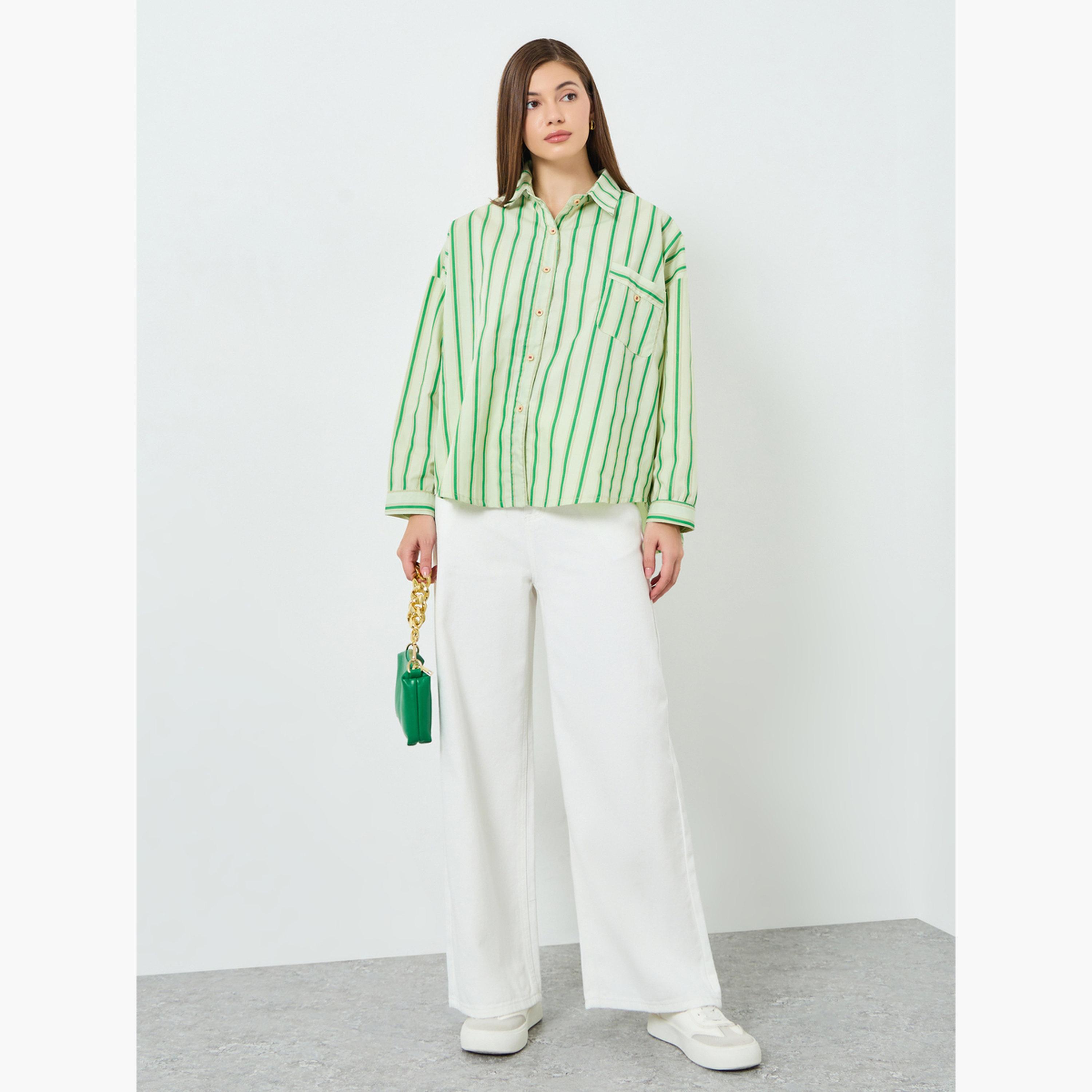 Styli Women Green Striped Oversized Shirt-women-clothing-shirtsandblouses-shirts-image-2