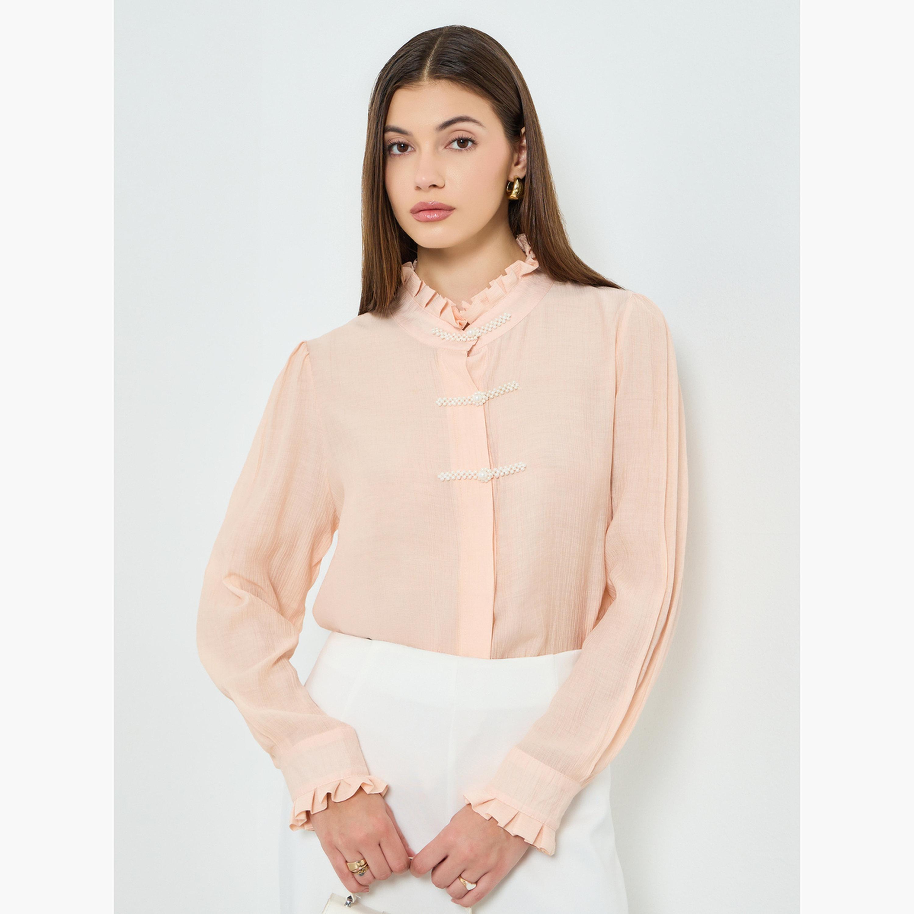 Styli Women Peach Shirt with Pearl Embellishments-women-clothing-shirtsandblouses-blouses-image-2