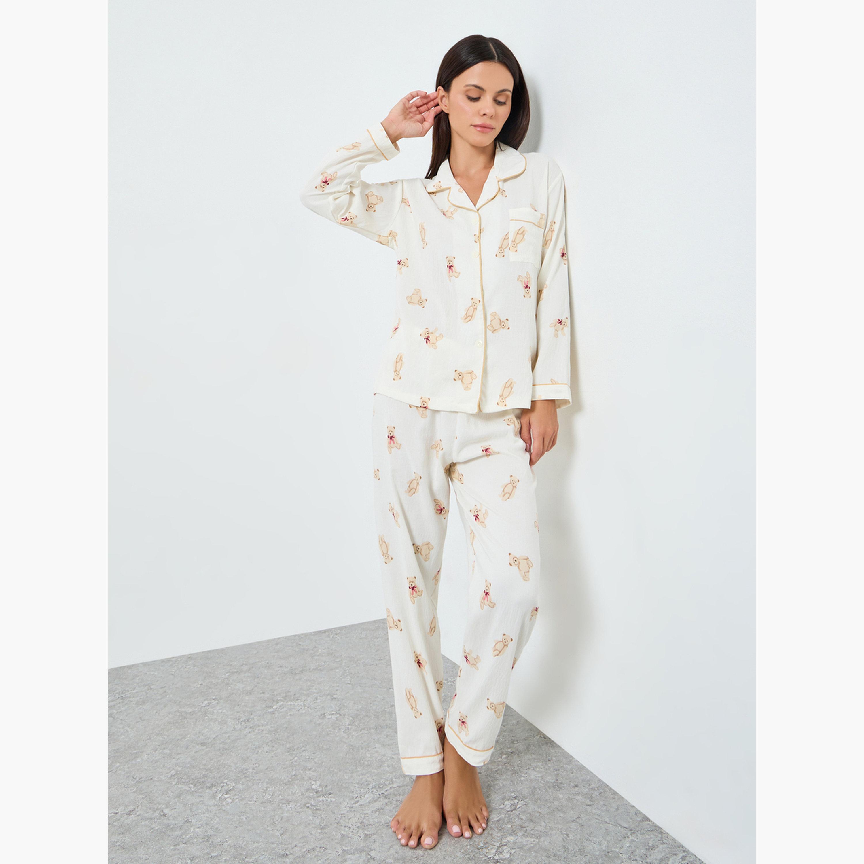 Styli Bear Print Textured Shirt and Pyjama Set-women-clothing-nightwear-pyjamas-longsets-image-1