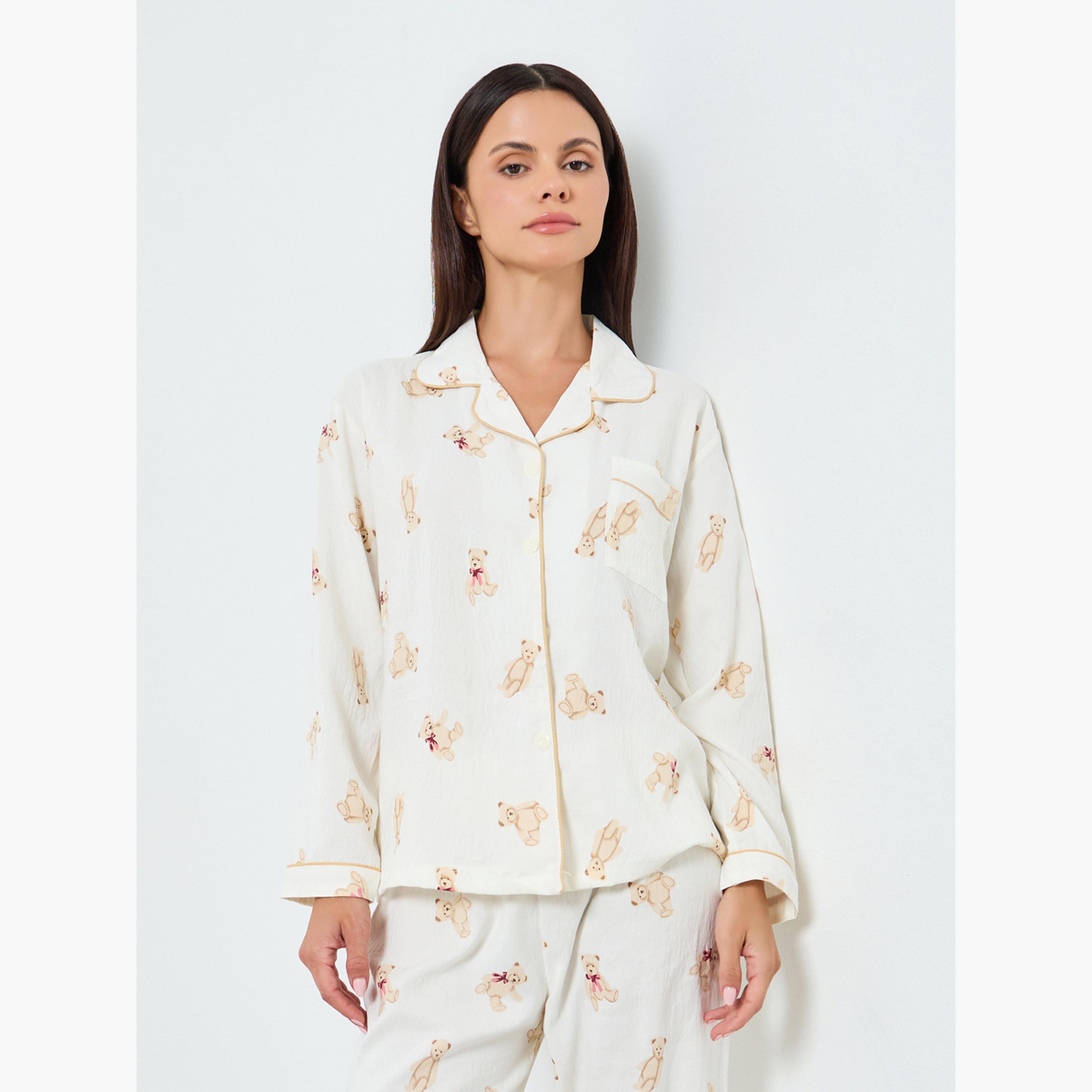 Styli Bear Print Textured Shirt and Pyjama Set-women-clothing-nightwear-pyjamas-longsets-image-2