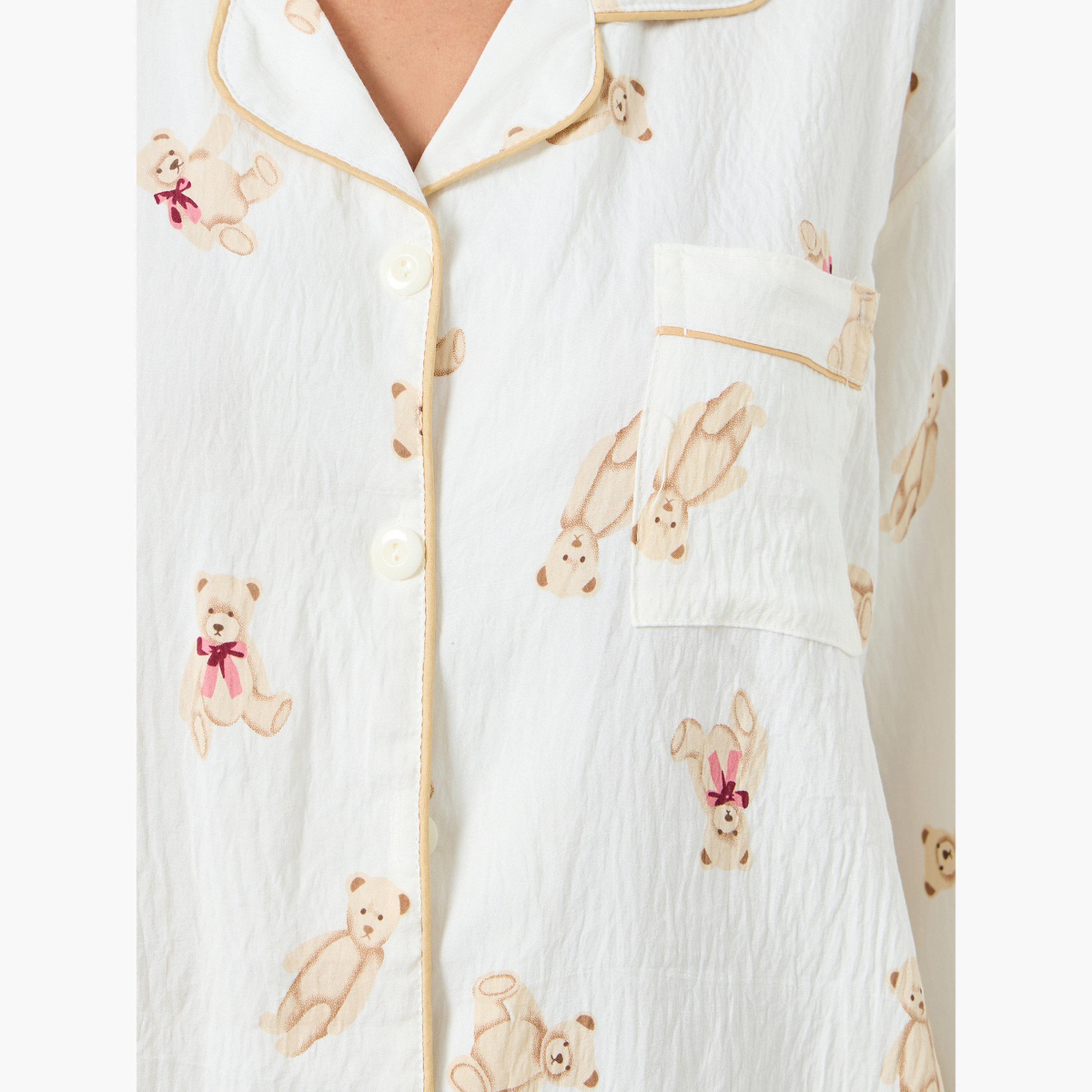 Styli Bear Print Textured Shirt and Pyjama Set-women-clothing-nightwear-pyjamas-longsets-image-3