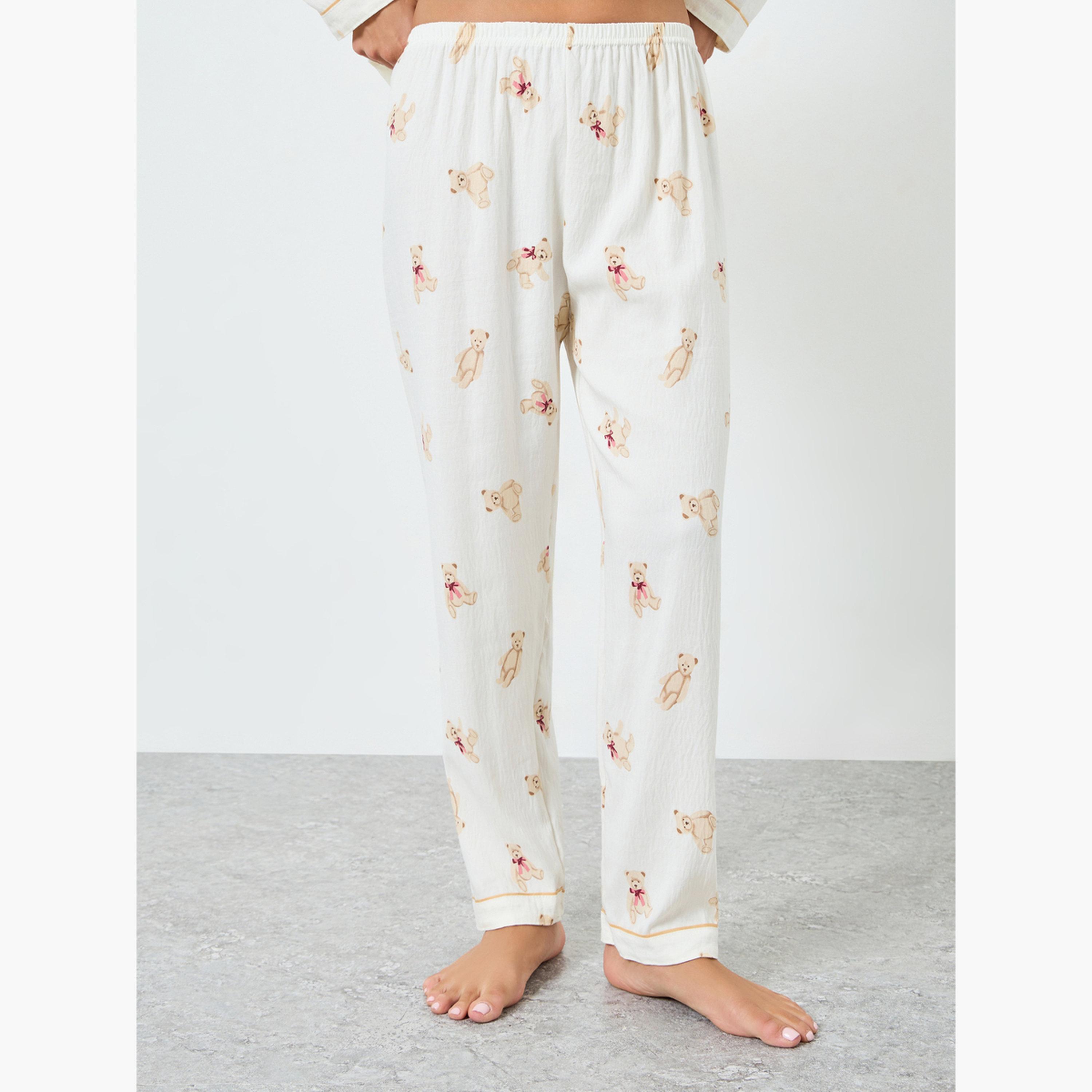 Styli Bear Print Textured Shirt and Pyjama Set-women-clothing-nightwear-pyjamas-longsets-image-4