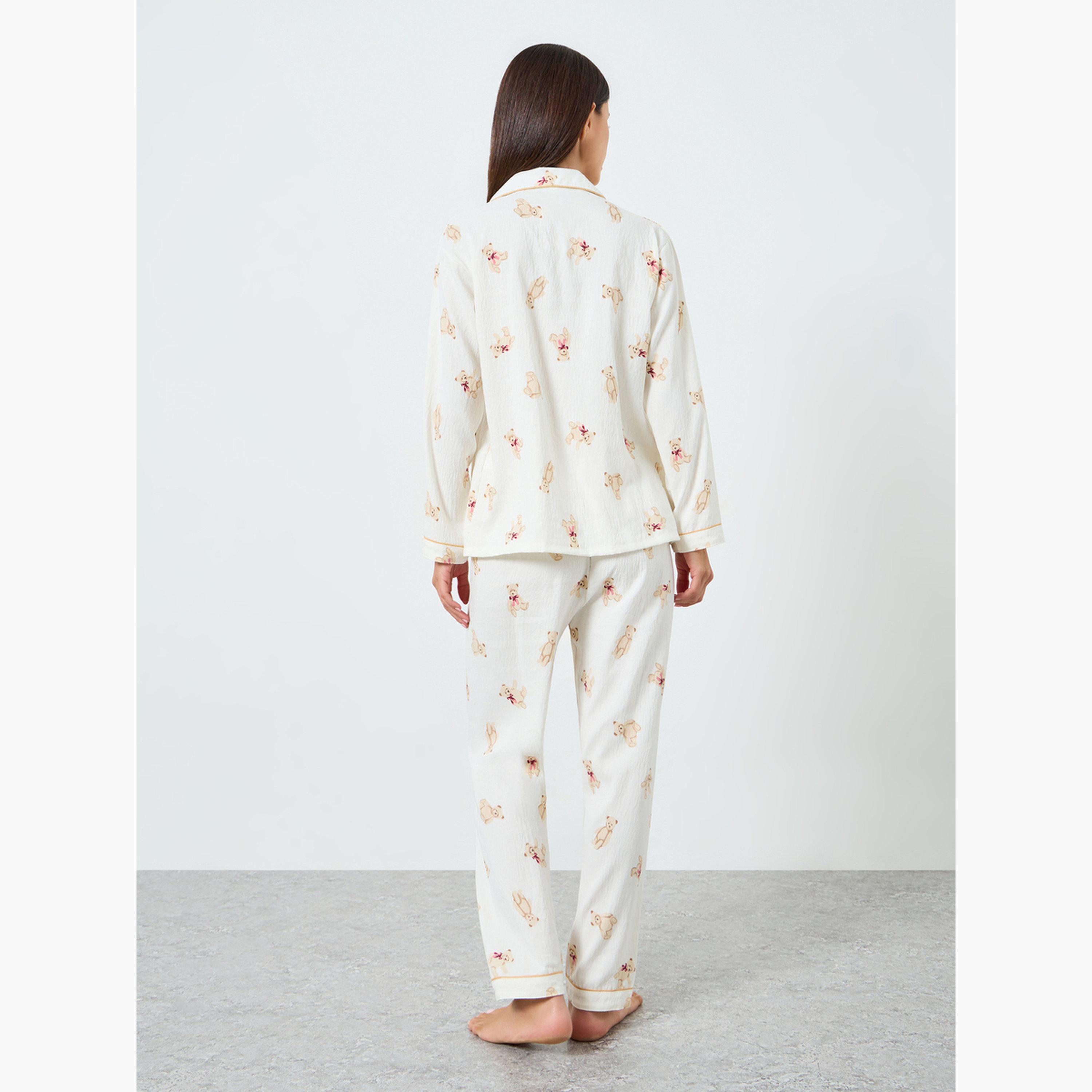 Styli Bear Print Textured Shirt and Pyjama Set-women-clothing-nightwear-pyjamas-longsets-image-5