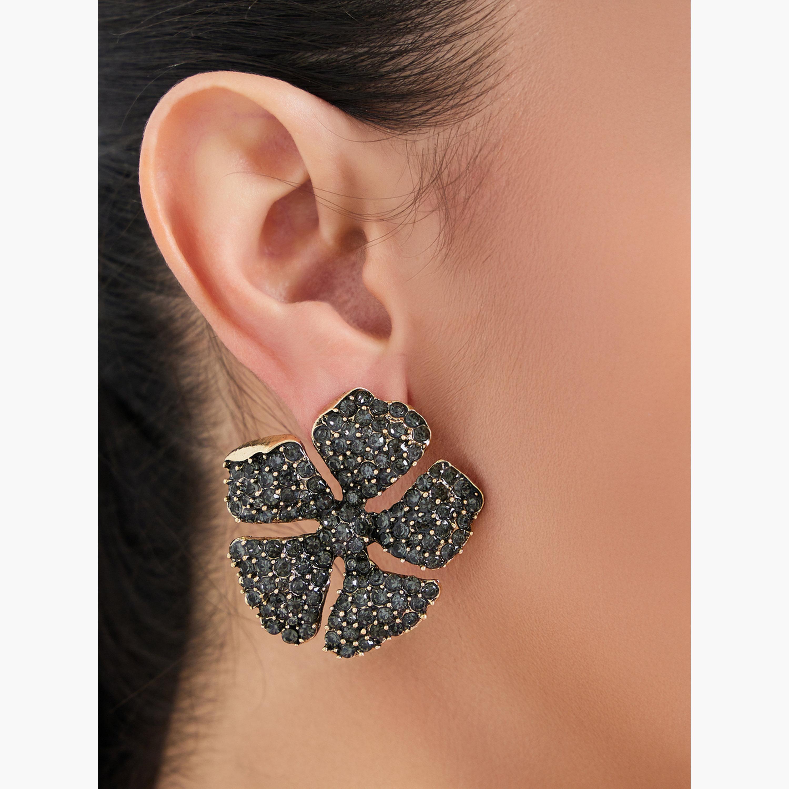 Styli Black Diamante Flower Stud Earrings-women-watchesandjewellery-jewellery-earrings-image-2