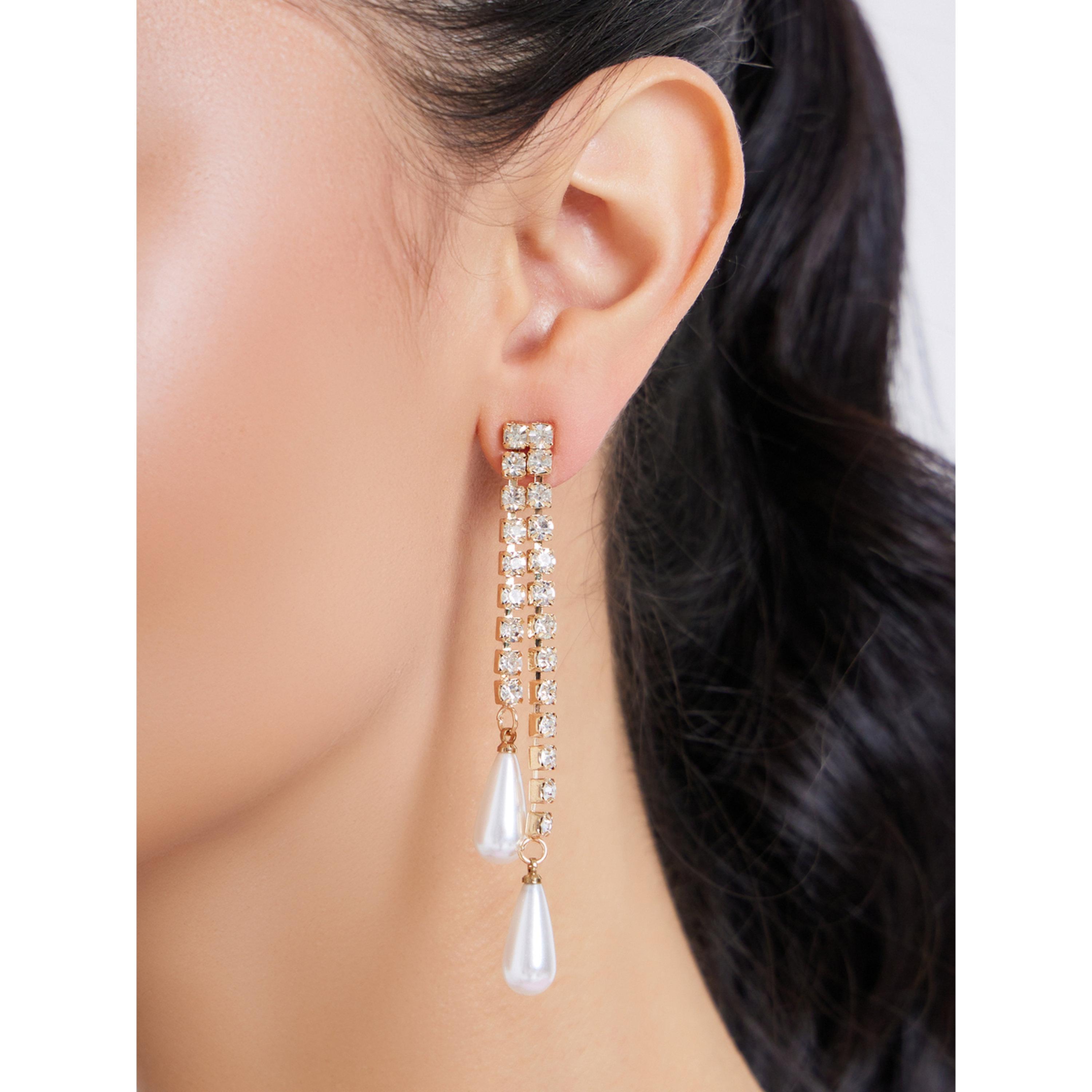 Styli Gold Crystal and Pearl Dangle Earrings-women-watchesandjewellery-jewellery-earrings-image-2
